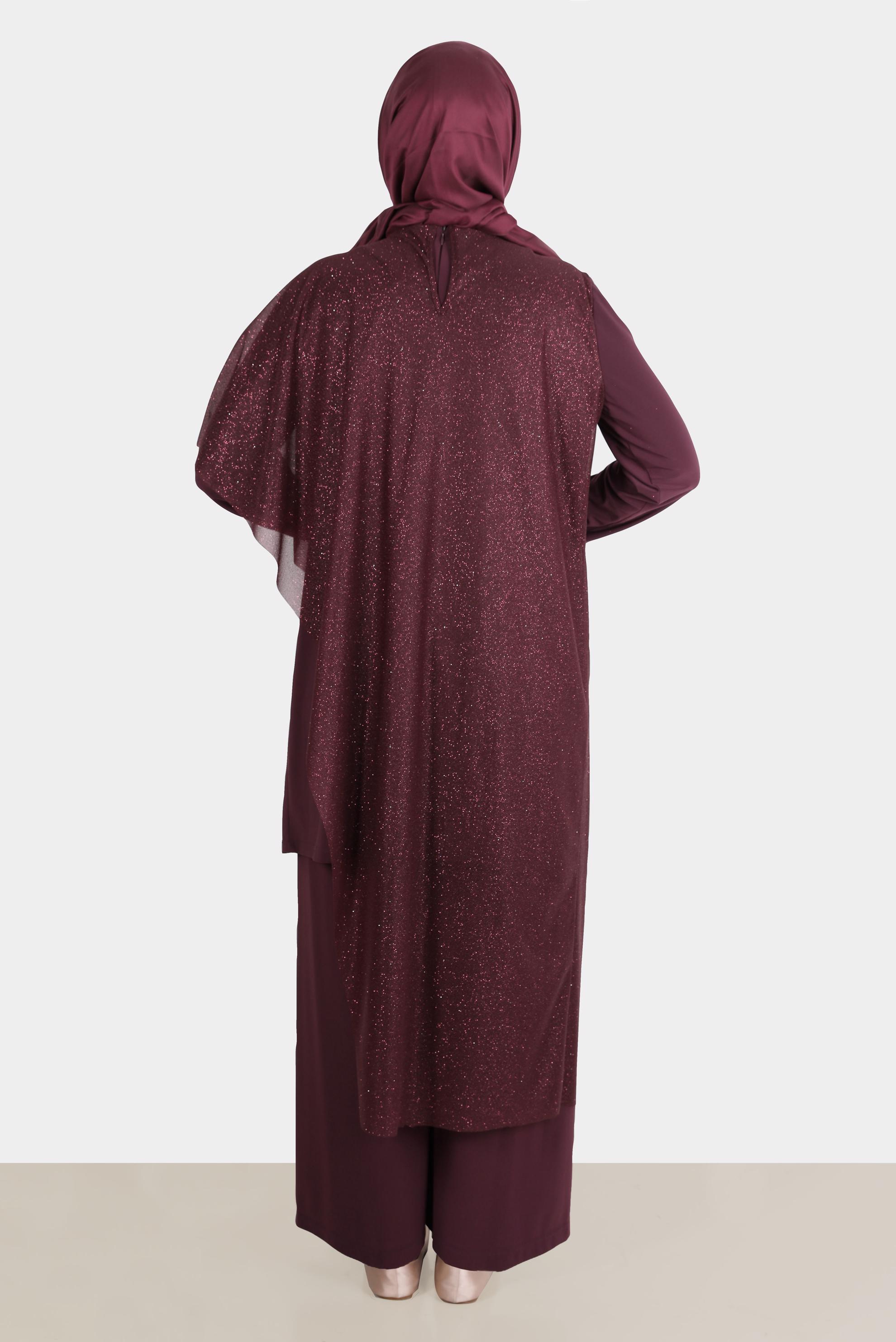 Hijab clothing CLARET RED SILVERY TULLE 2-PIECE EVENING PANTS SUIT 50239 