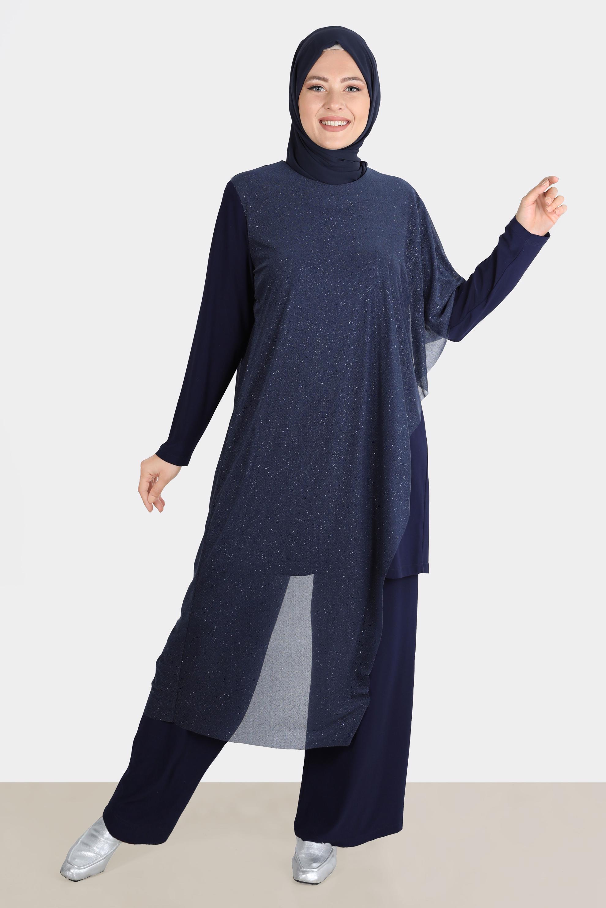Tesettür giyim LACİVERT SİMLİ TÜLLÜ ABİYE İKİLİ PANT. TAKIM 50239 
