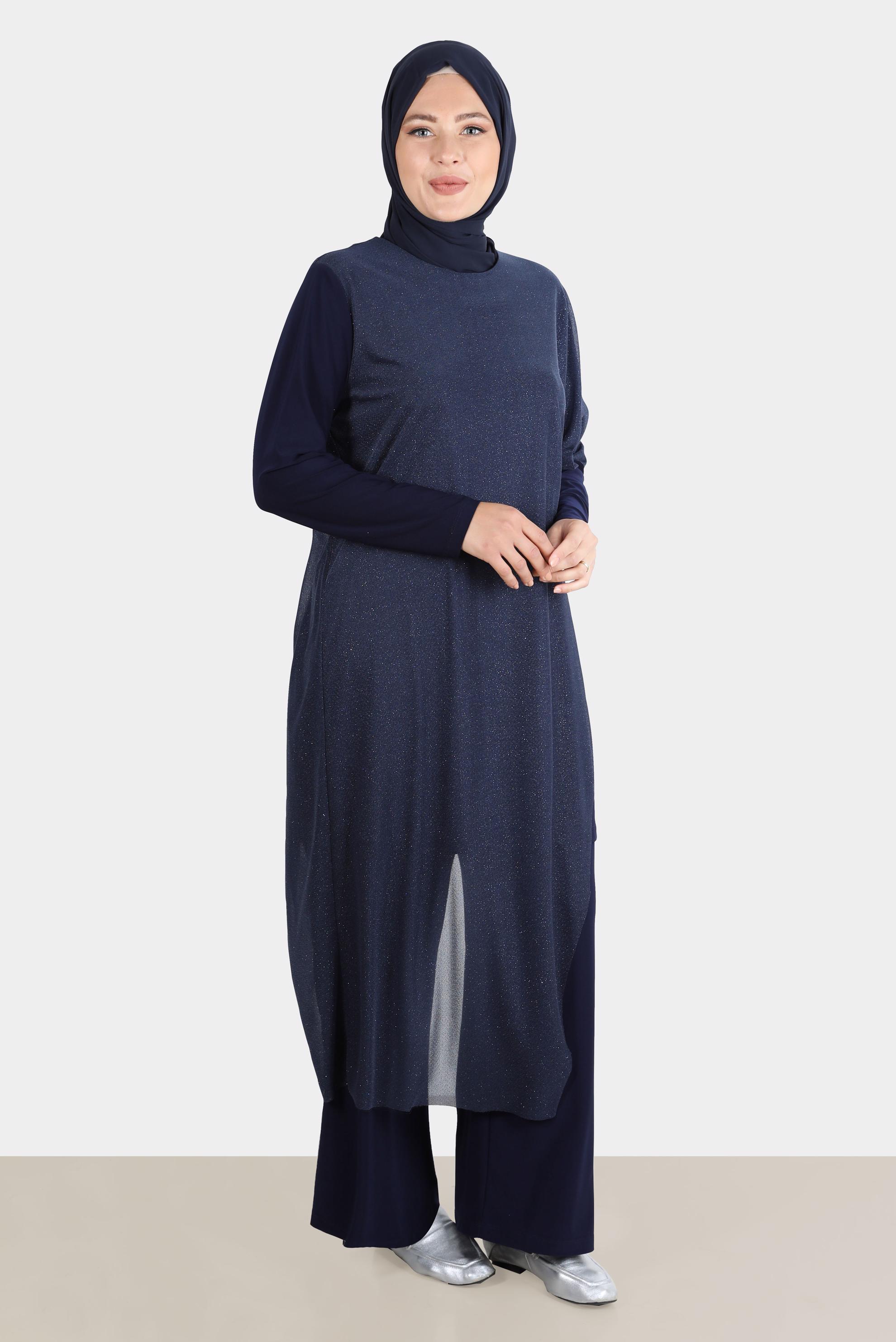 Tesettür giyim LACİVERT SİMLİ TÜLLÜ ABİYE İKİLİ PANT. TAKIM 50239 