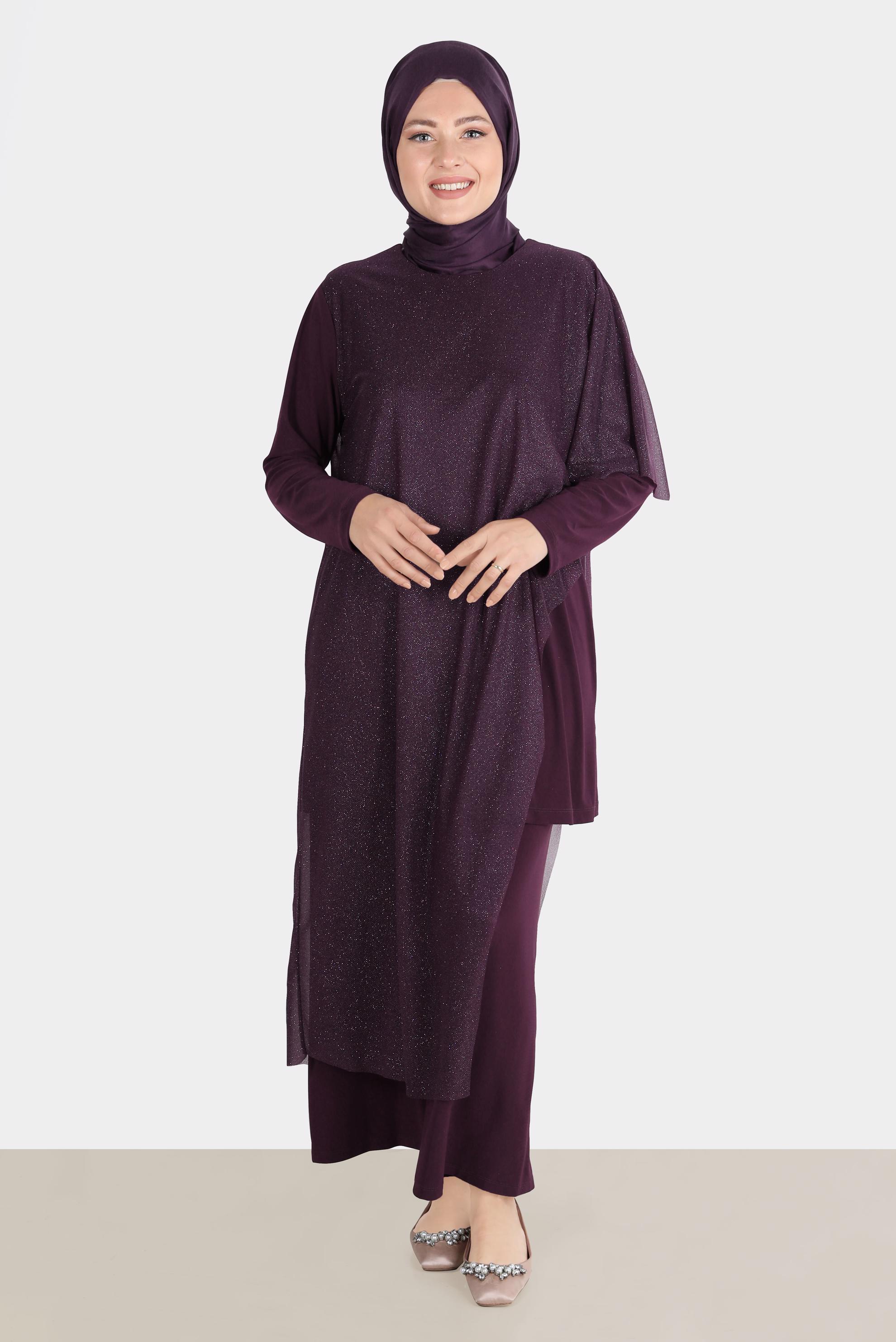 Tesettür giyim MÜRDÜM SİMLİ TÜLLÜ ABİYE İKİLİ PANT. TAKIM 50239 