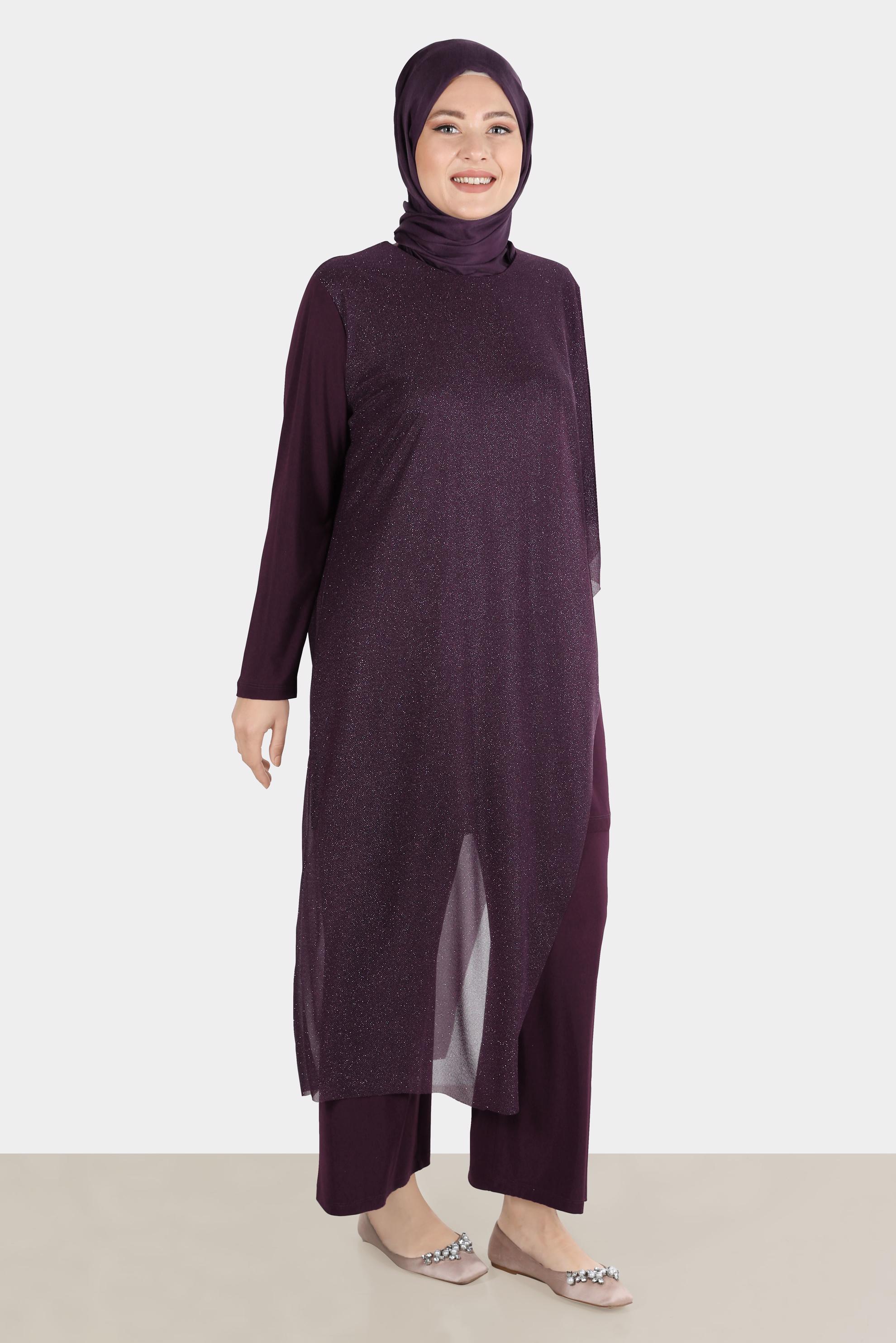 Tesettür giyim MÜRDÜM SİMLİ TÜLLÜ ABİYE İKİLİ PANT. TAKIM 50239 