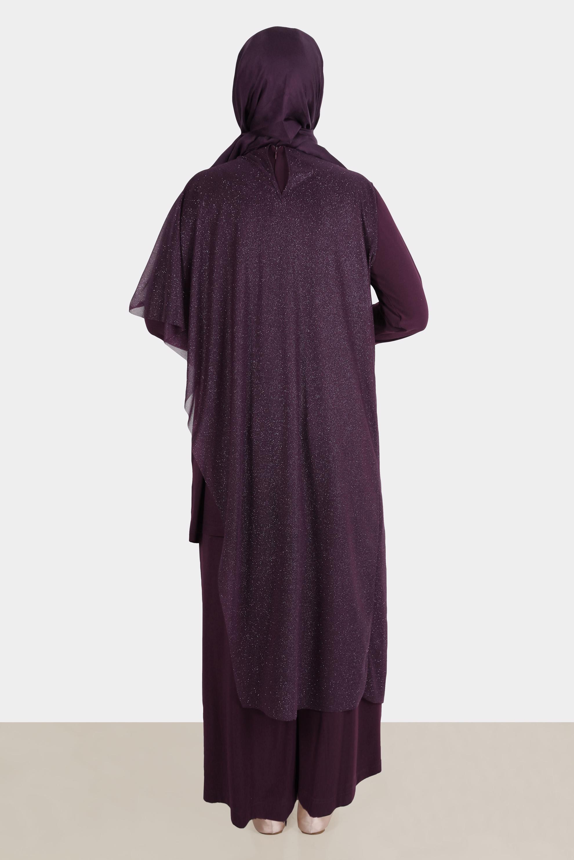 Tesettür giyim MÜRDÜM SİMLİ TÜLLÜ ABİYE İKİLİ PANT. TAKIM 50239 