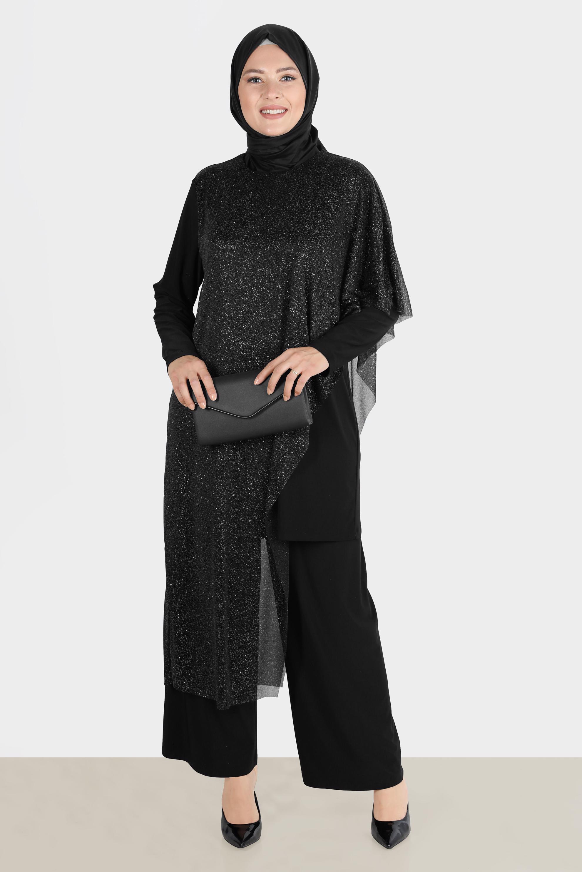 Tesettür giyim SİYAH SİMLİ TÜLLÜ ABİYE İKİLİ PANT. TAKIM 50239 