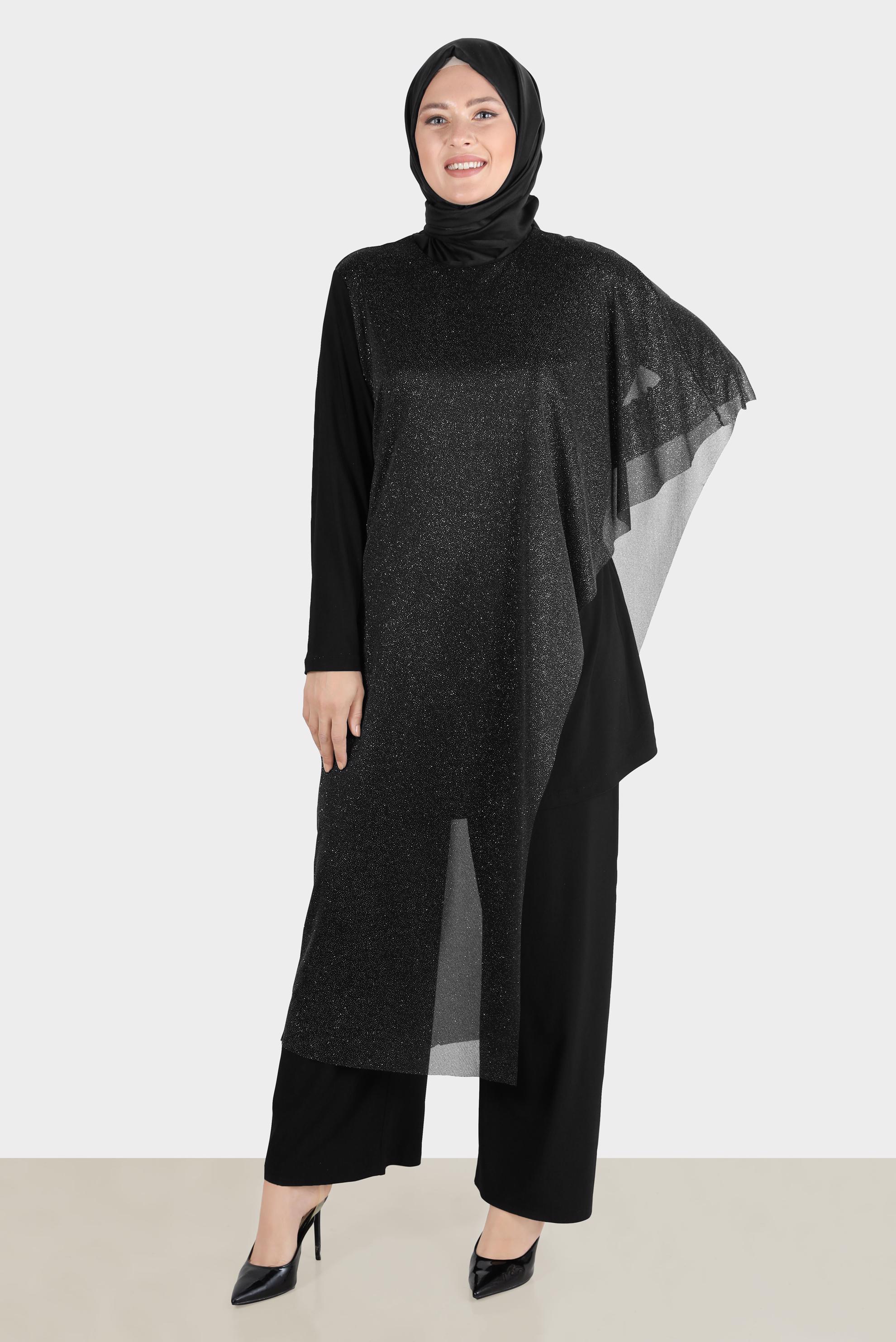 Tesettür giyim SİYAH SİMLİ TÜLLÜ ABİYE İKİLİ PANT. TAKIM 50239 