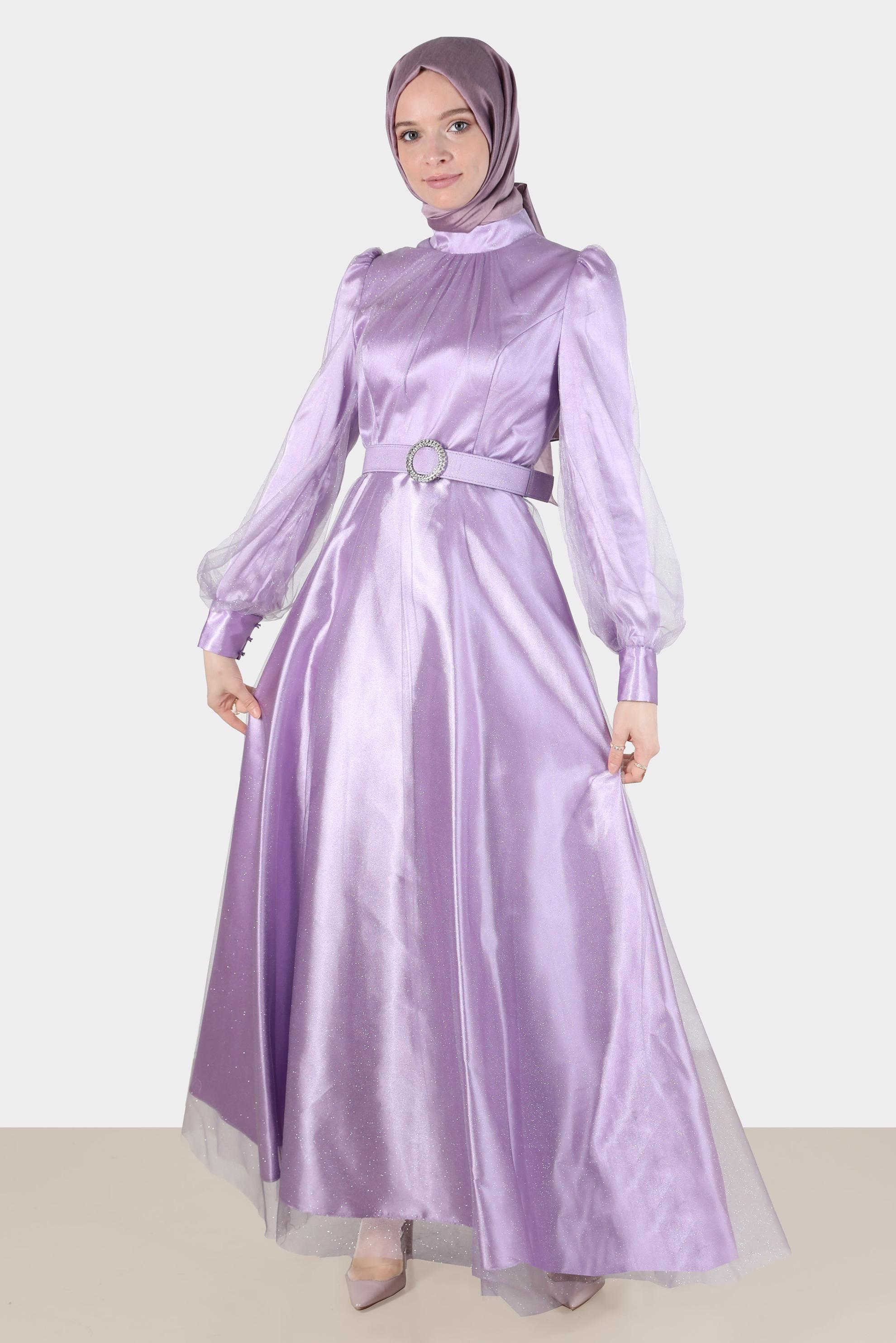 Tesettür giyim MOR KEMERLİ SİMLİ ABİYE 50243 