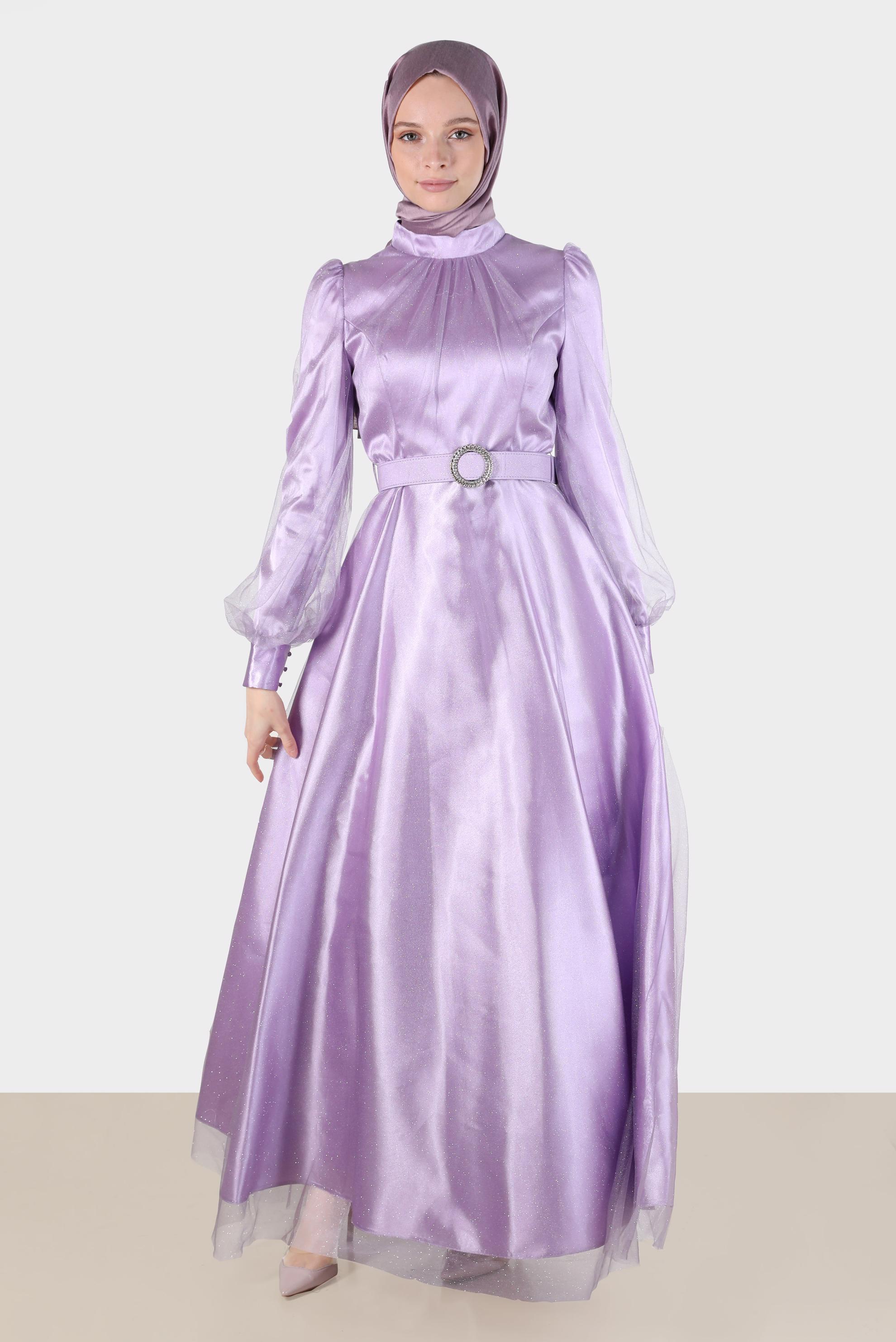 Tesettür giyim MOR KEMERLİ SİMLİ ABİYE 50243 
