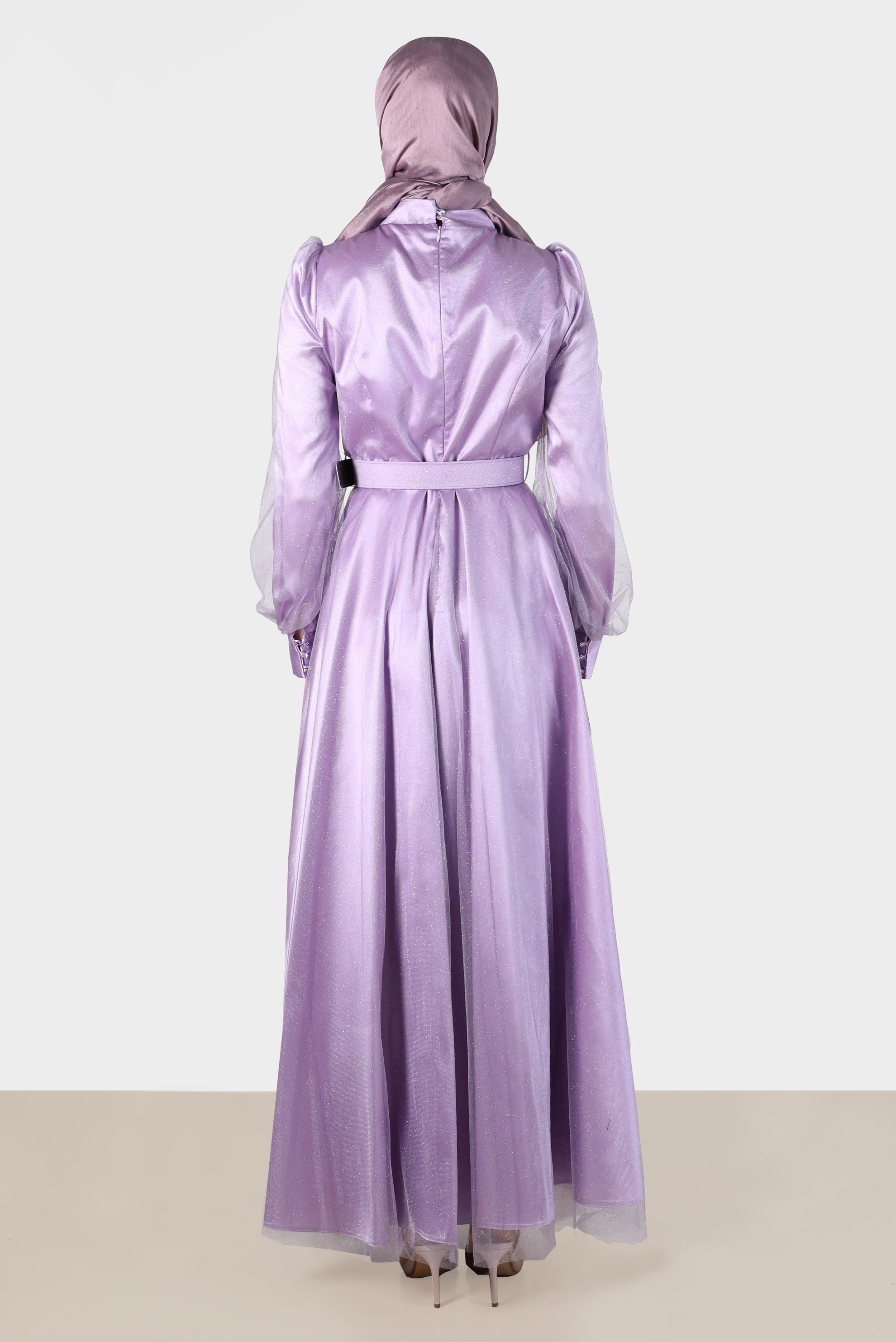 Tesettür giyim MOR KEMERLİ SİMLİ ABİYE 50243 