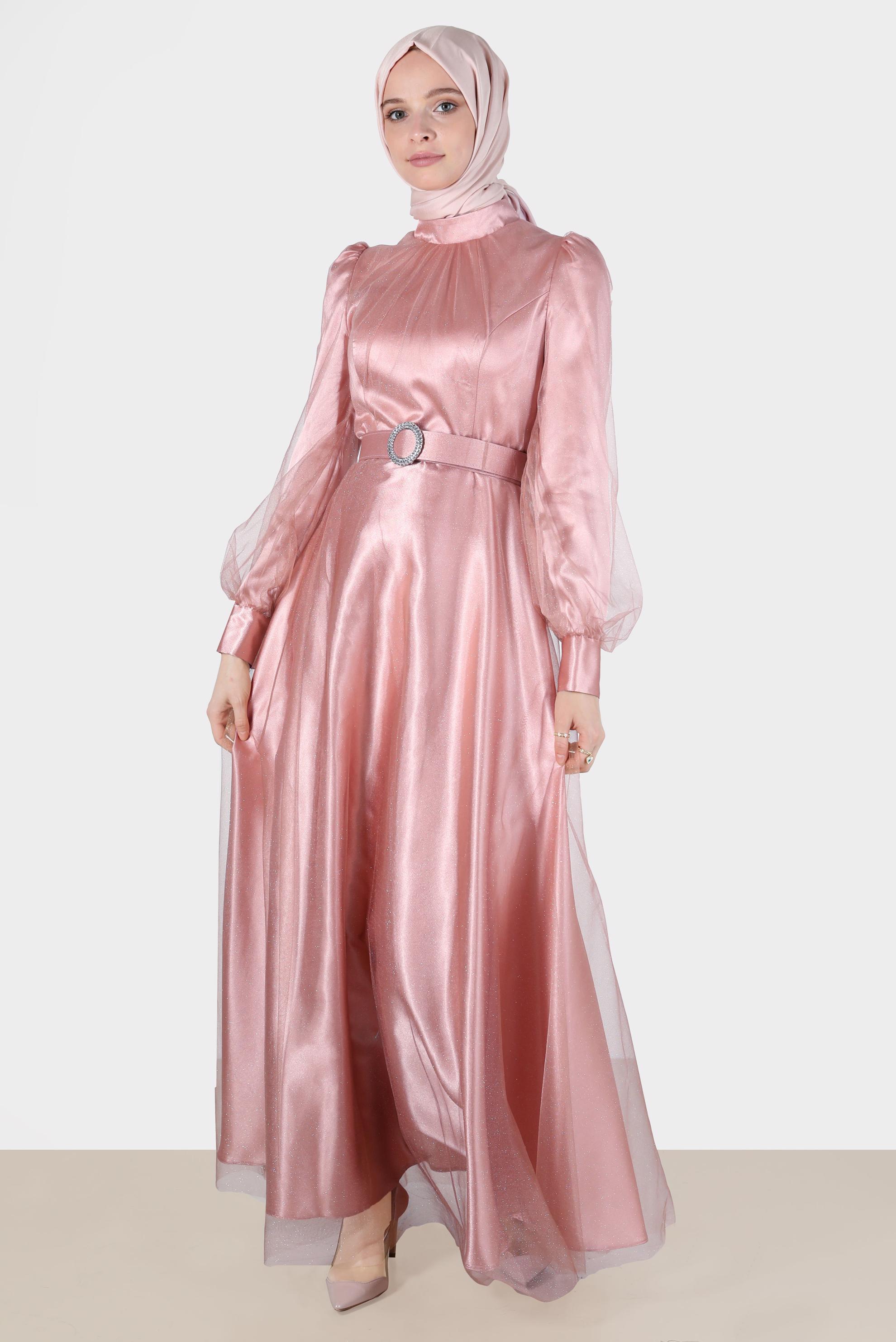Tesettür giyim PUDRA KEMERLİ SİMLİ ABİYE 50243 