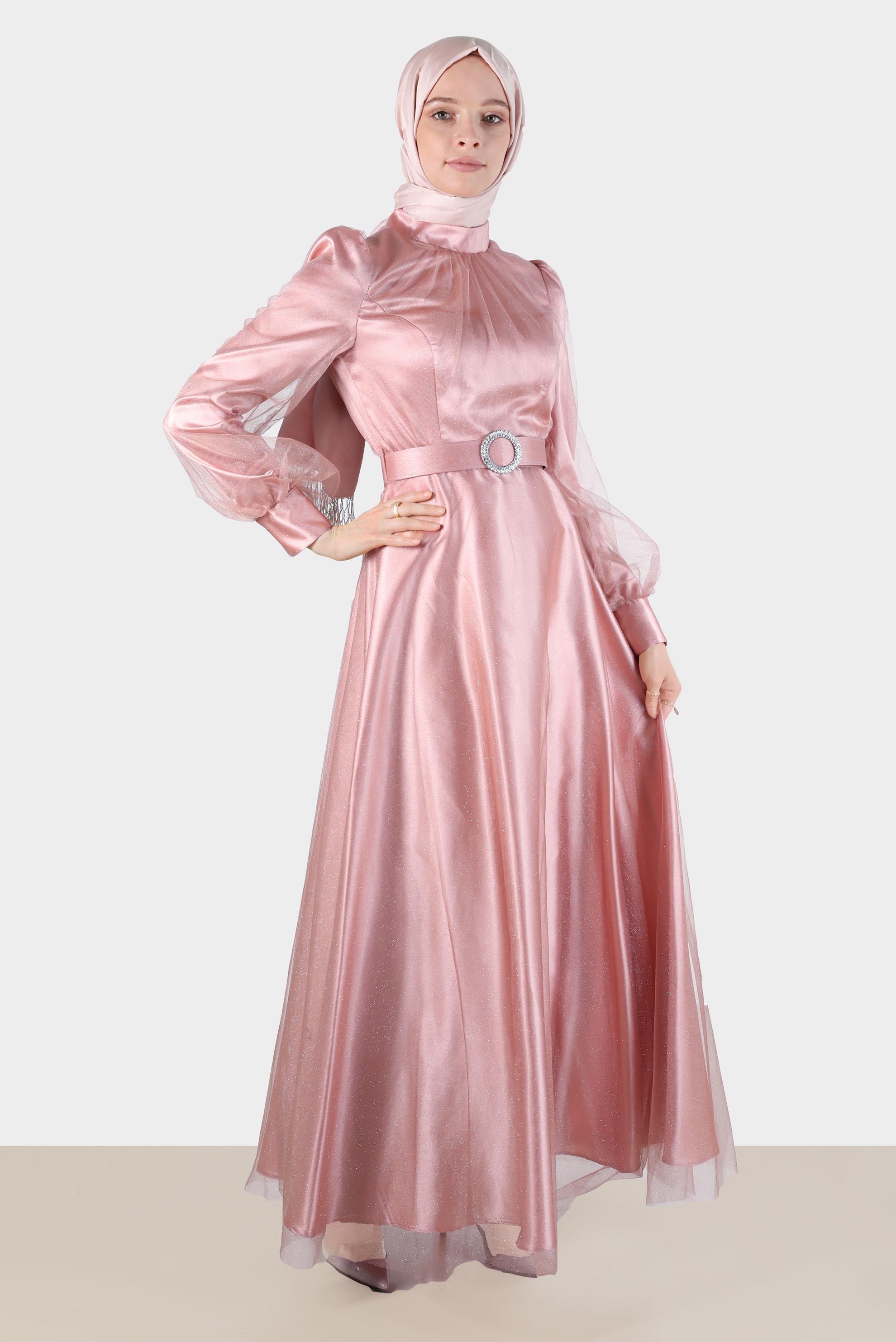 Tesettür giyim PUDRA KEMERLİ SİMLİ ABİYE 50243 