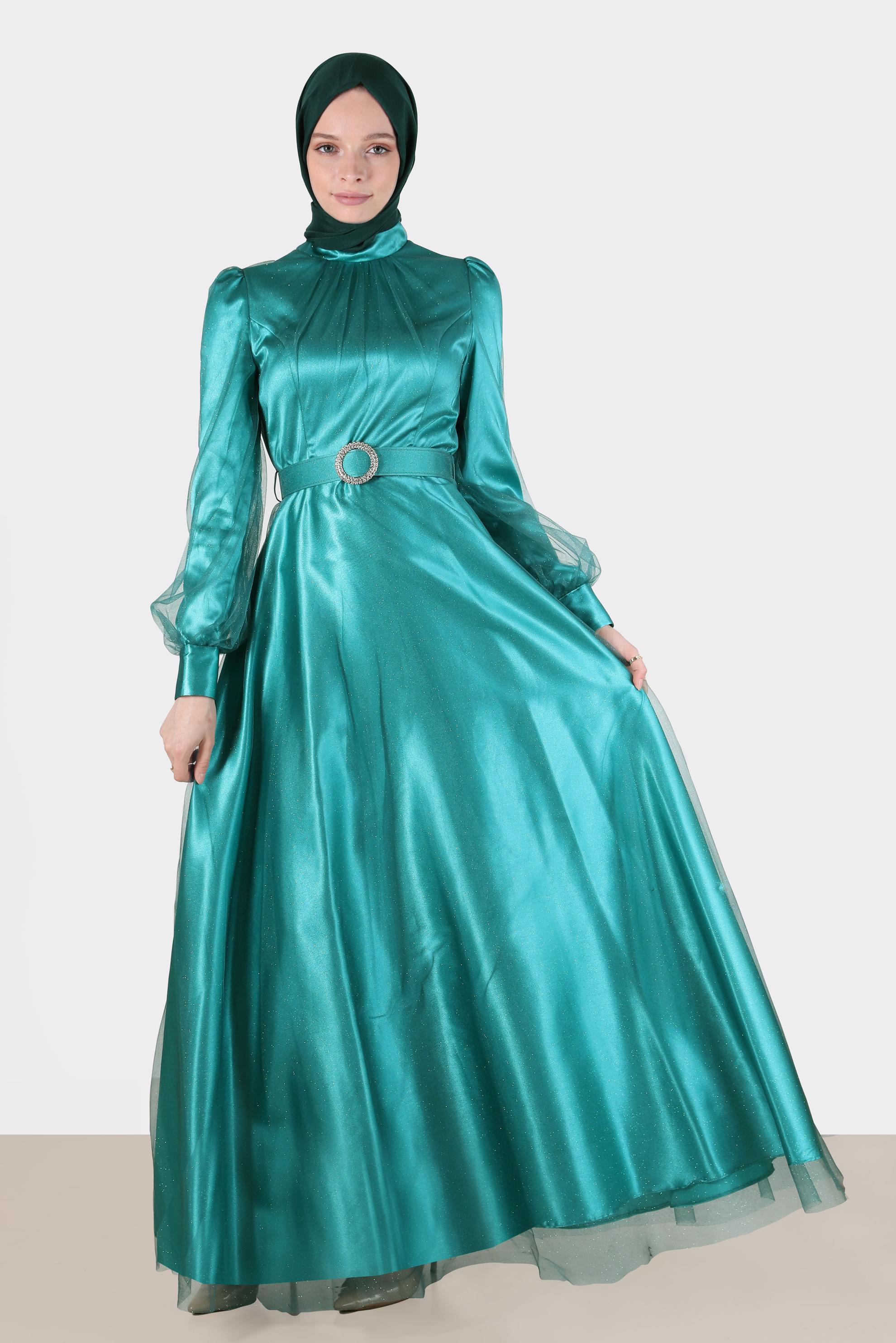 Tesettür giyim YEŞİL KEMERLİ SİMLİ ABİYE 50243 