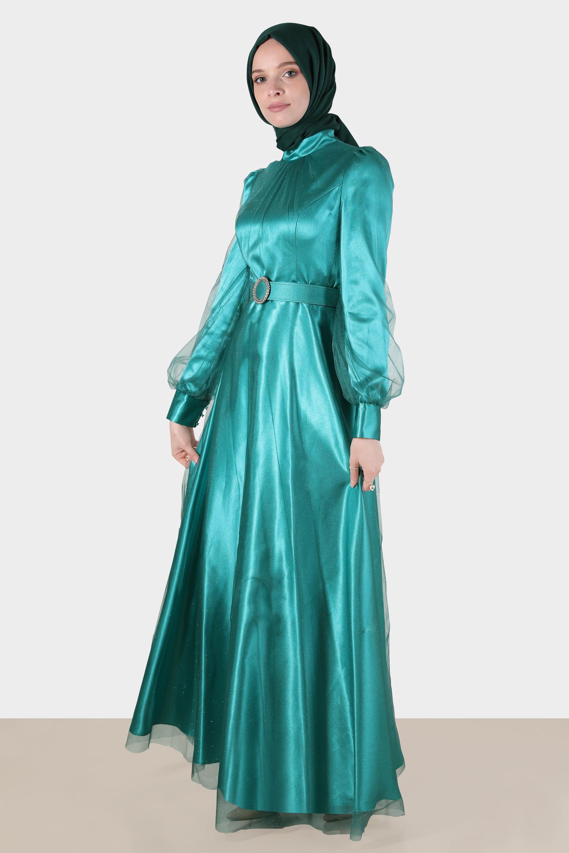 Tesettür giyim YEŞİL KEMERLİ SİMLİ ABİYE 50243 