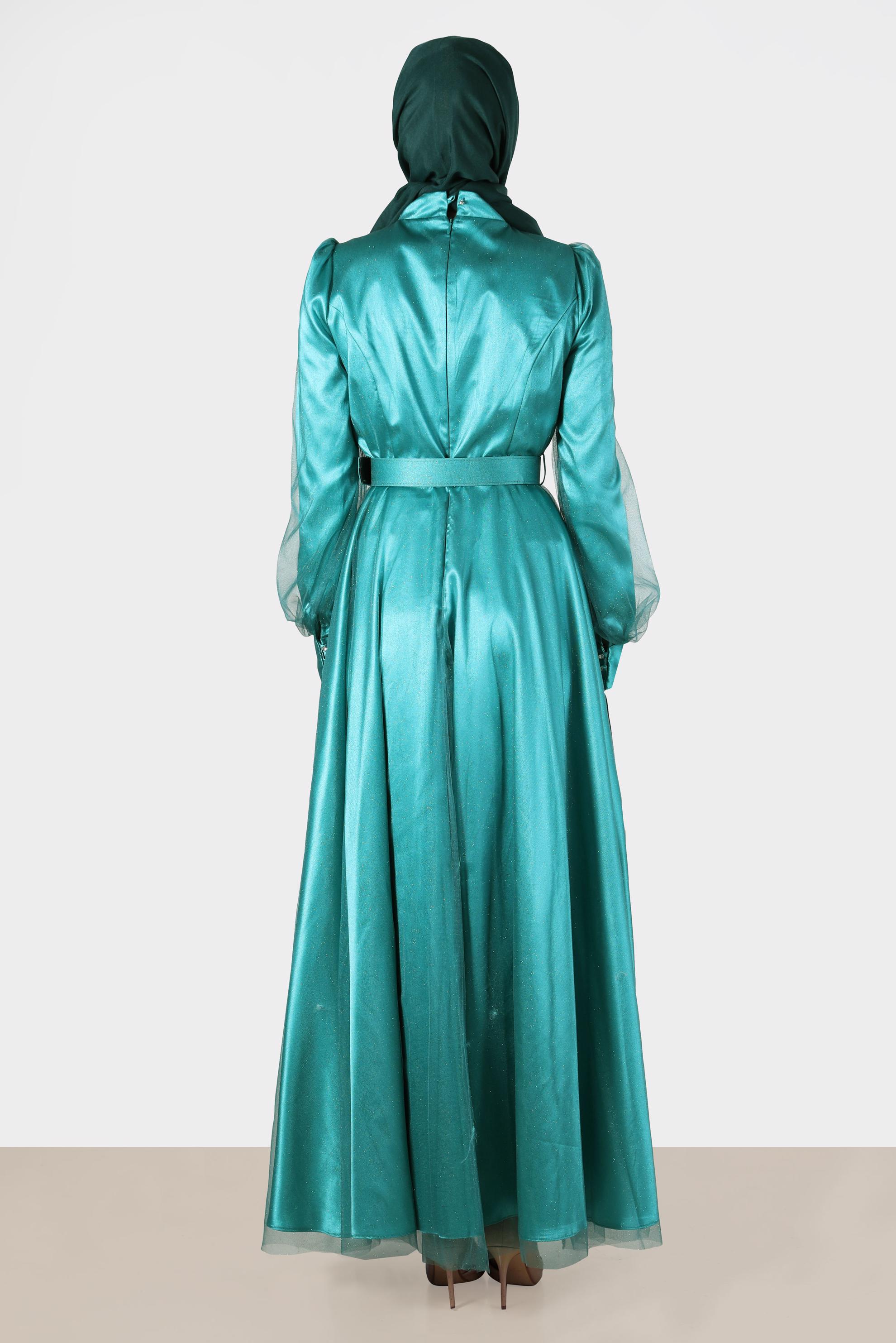 Tesettür giyim YEŞİL KEMERLİ SİMLİ ABİYE 50243 