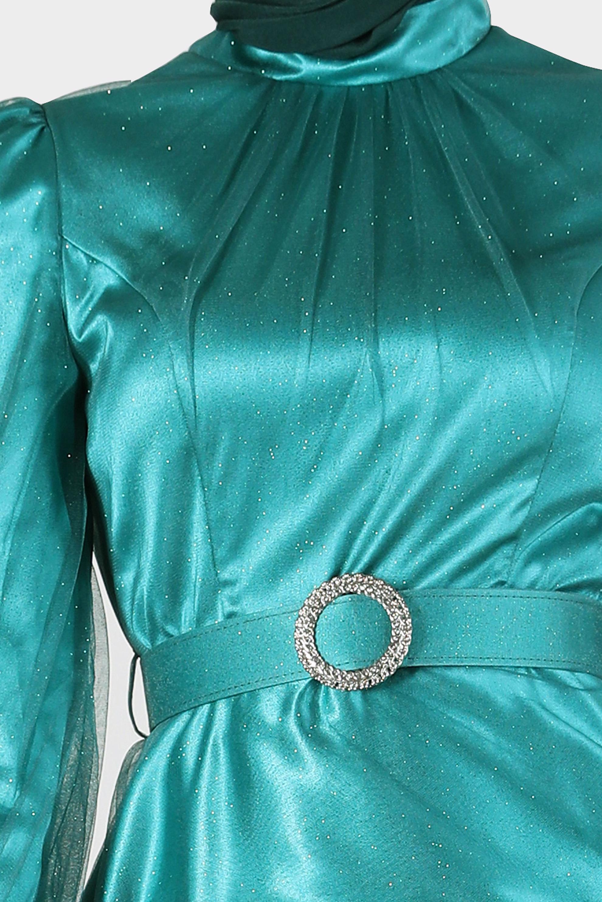 Tesettür giyim YEŞİL KEMERLİ SİMLİ ABİYE 50243 