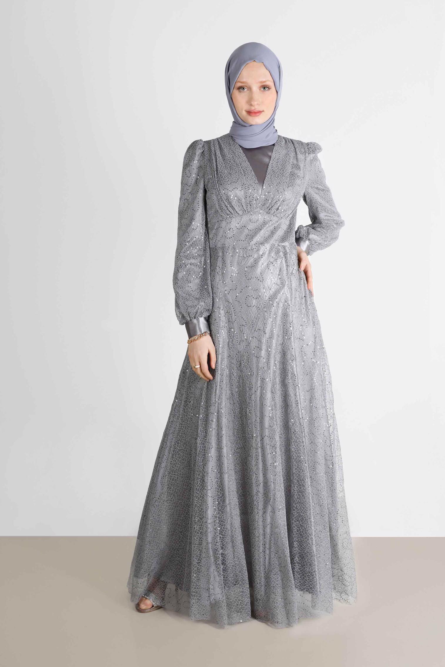 Tesettür giyim GRİ FİLE PAYET ABİYE 50244