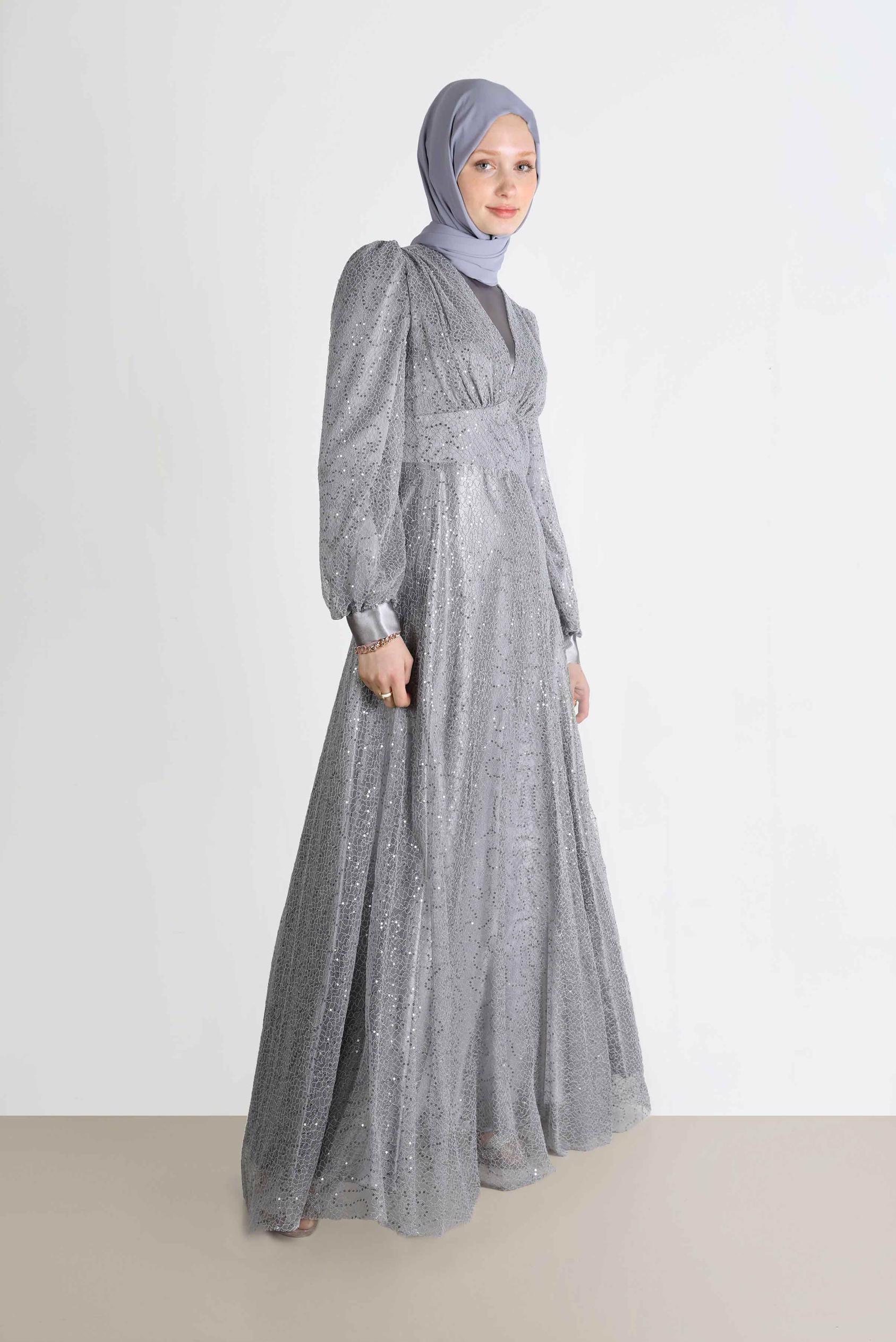 Tesettür giyim GRİ FİLE PAYET ABİYE 50244