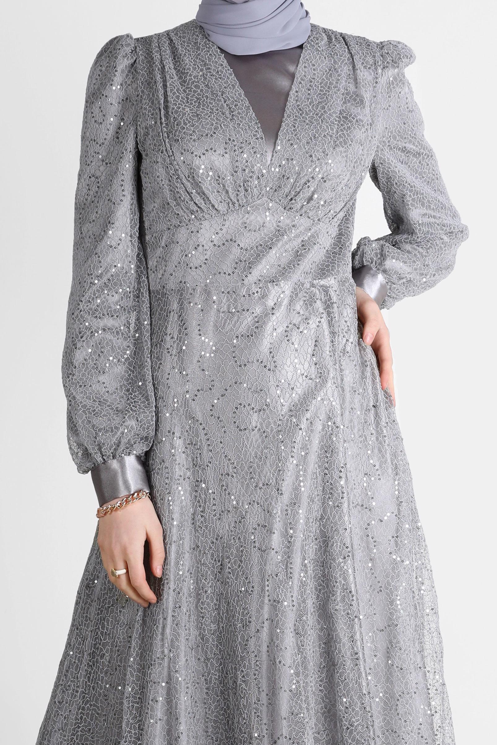 Tesettür giyim GRİ FİLE PAYET ABİYE 50244