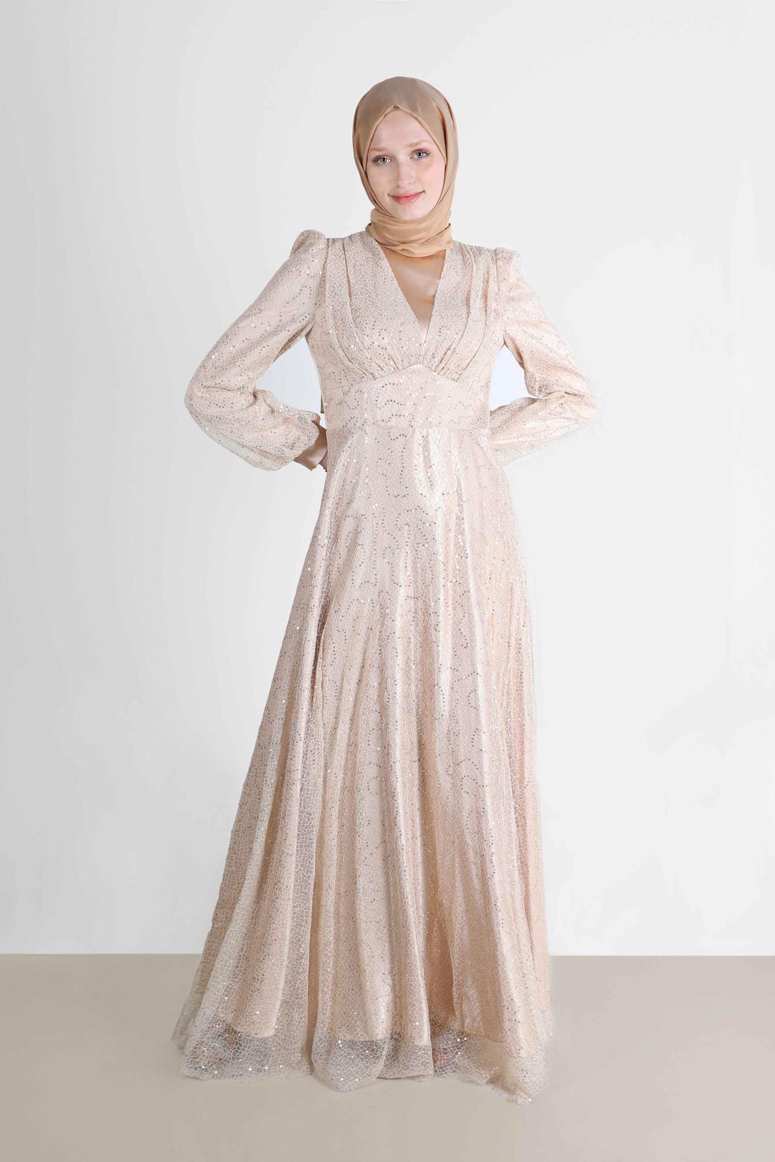 Tesettür giyim BEJ FİLE PAYET ABİYE 50244