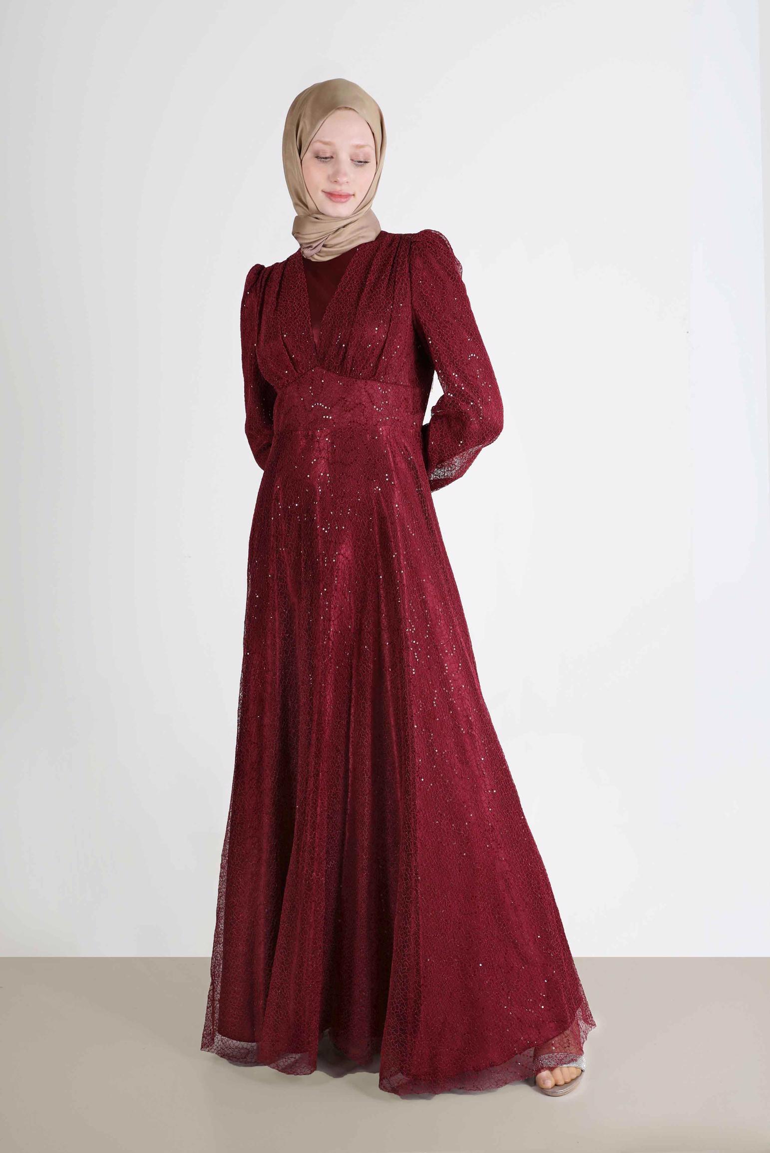 Tesettür giyim BORDO FİLE PAYET ABİYE 50244
