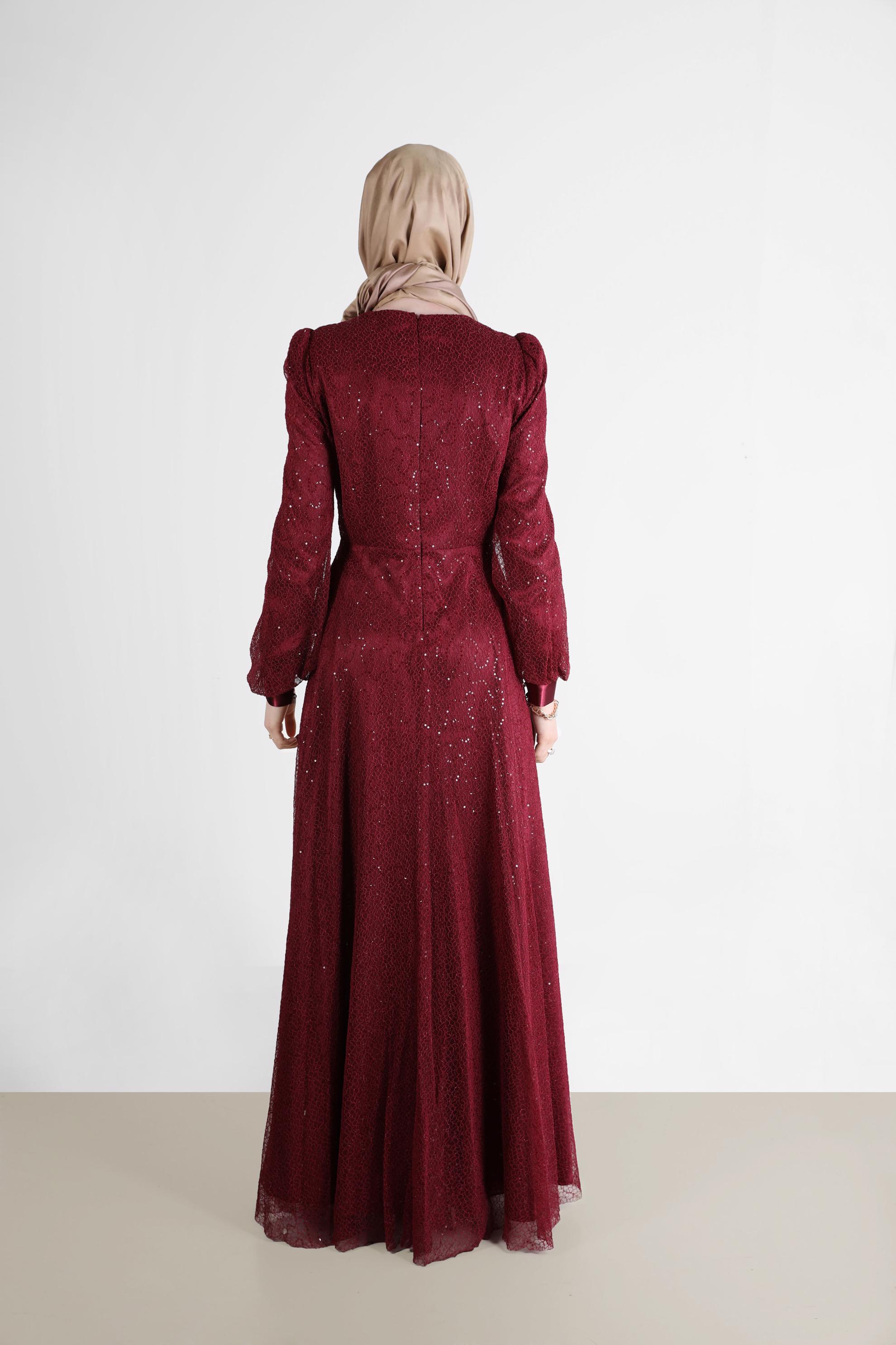 Tesettür giyim BORDO FİLE PAYET ABİYE 50244