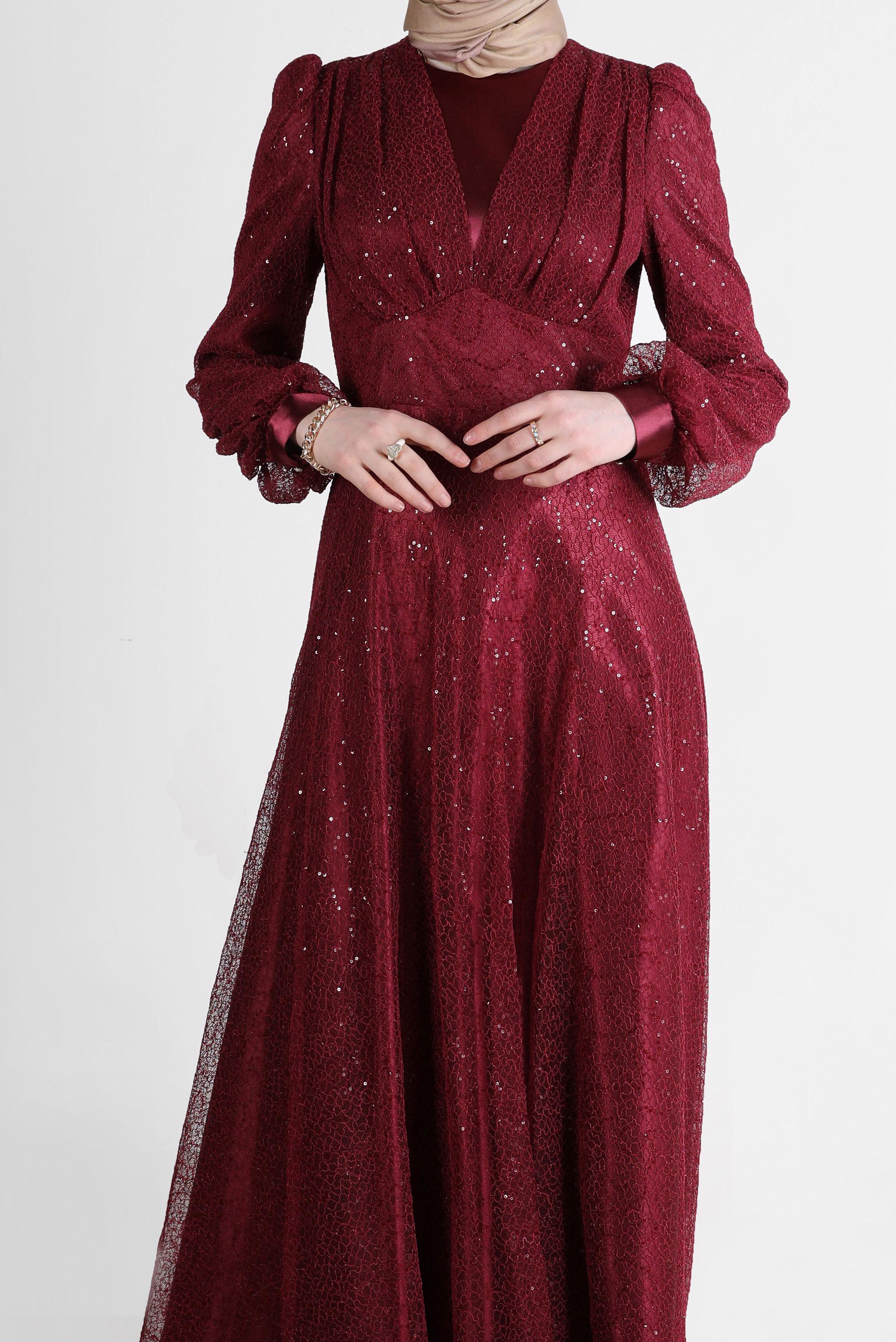 Tesettür giyim BORDO FİLE PAYET ABİYE 50244