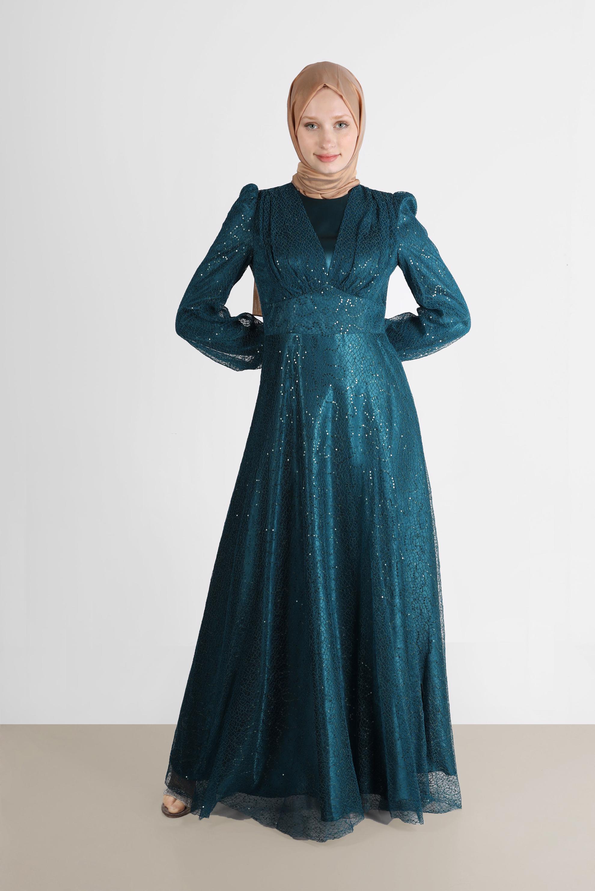 Tesettür giyim YEŞİL FİLE PAYET ABİYE 50244