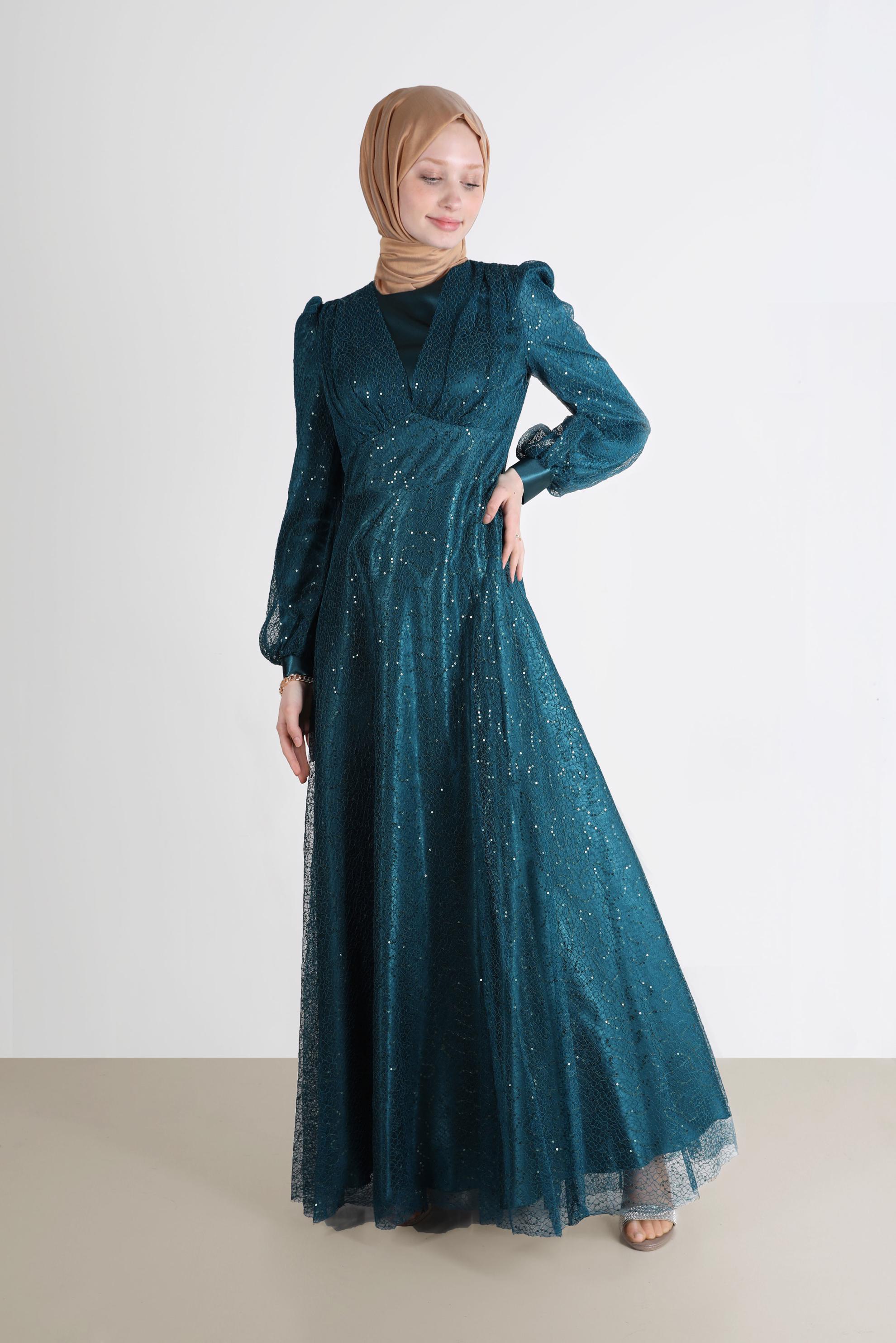 Tesettür giyim YEŞİL FİLE PAYET ABİYE 50244