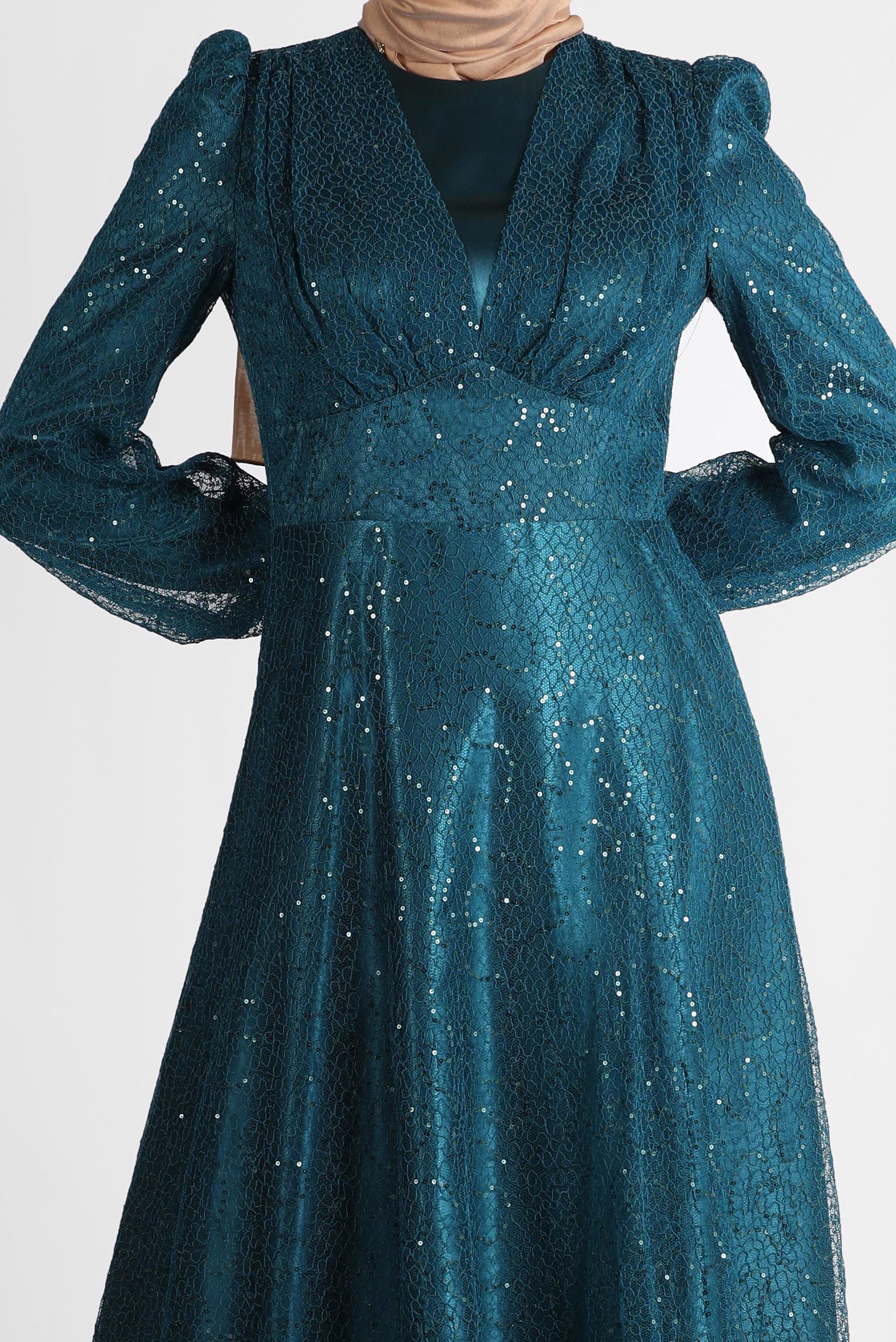 Tesettür giyim YEŞİL FİLE PAYET ABİYE 50244