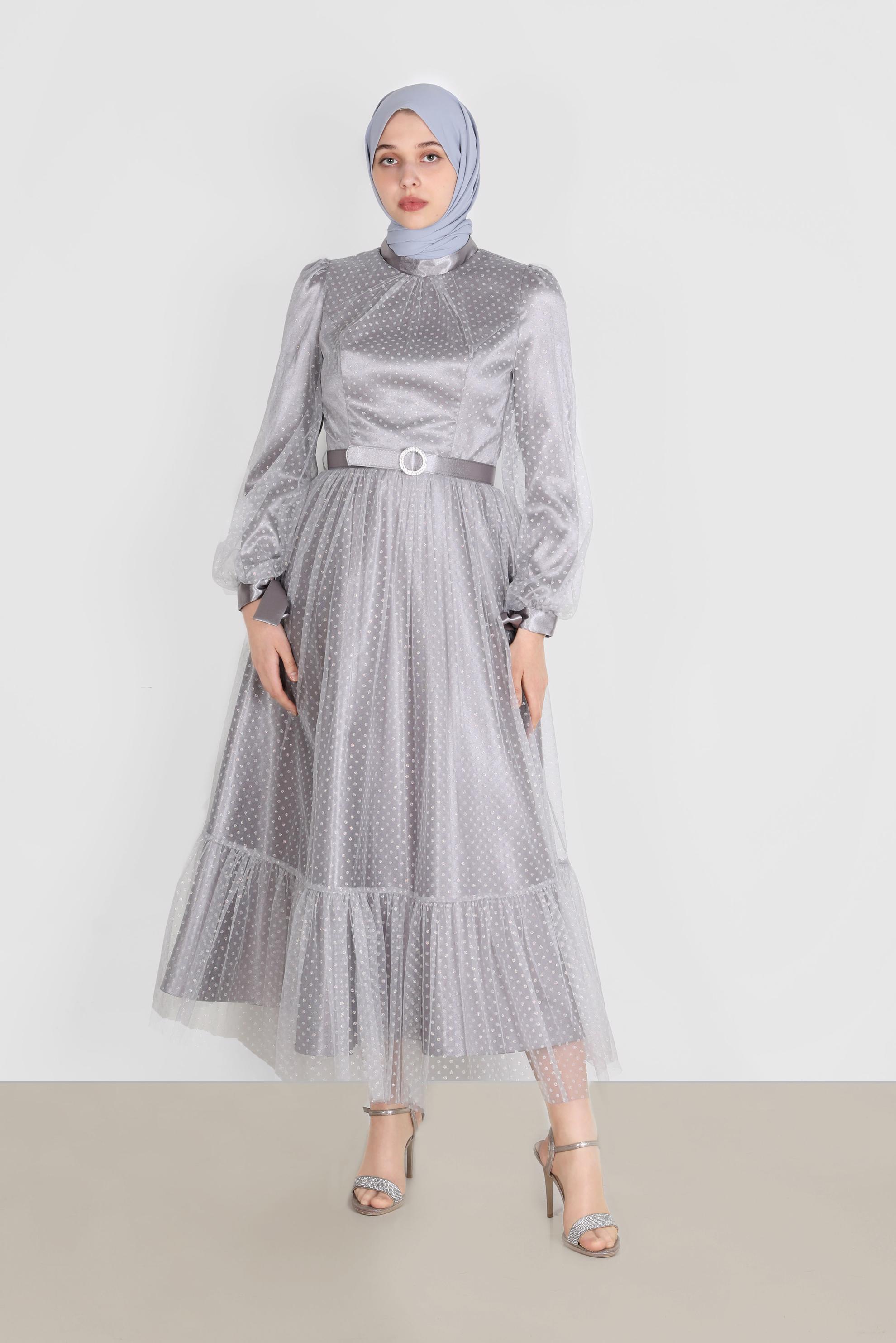 Tesettür giyim GRİ PUANTİYELİ PULLU ABİYE ELBİSE 50246 