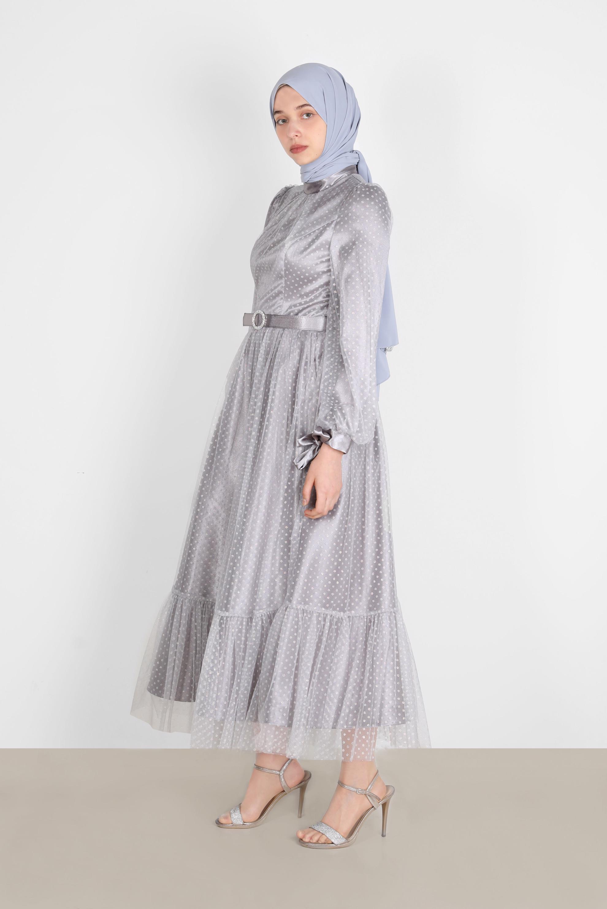 Tesettür giyim GRİ PUANTİYELİ PULLU ABİYE ELBİSE 50246 