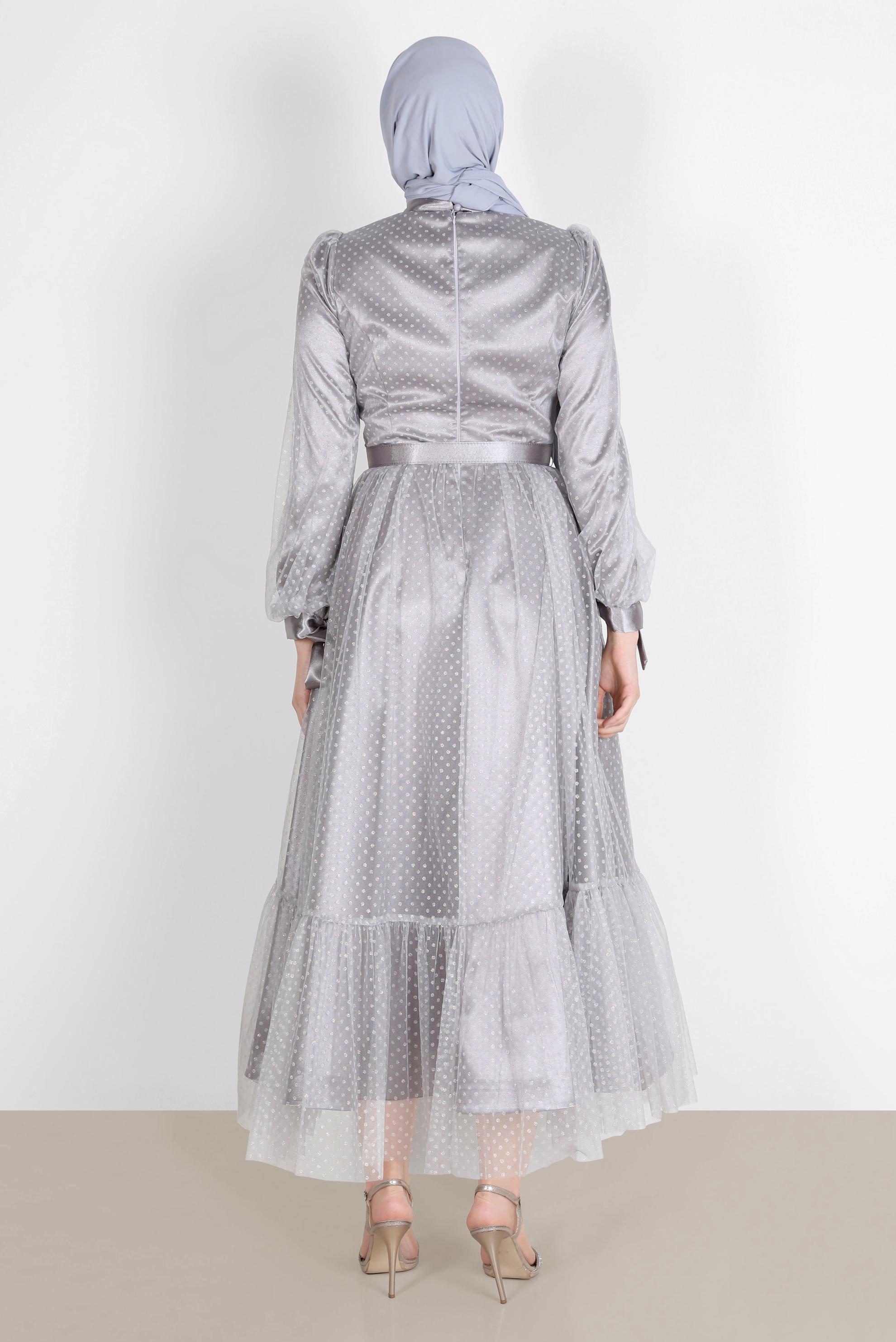 Tesettür giyim GRİ PUANTİYELİ PULLU ABİYE ELBİSE 50246 