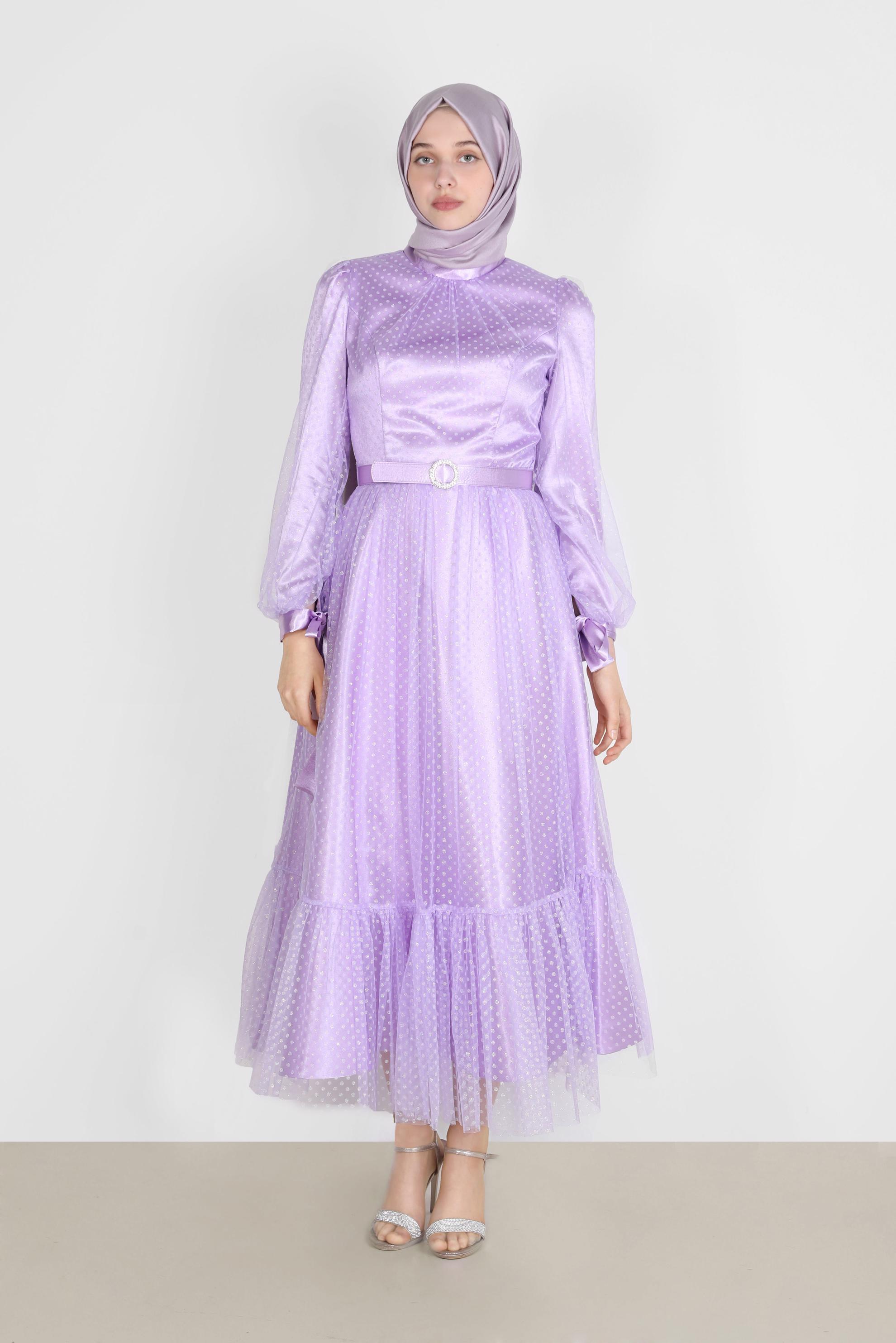 Tesettür giyim MOR PUANTİYELİ PULLU ABİYE ELBİSE 50246 