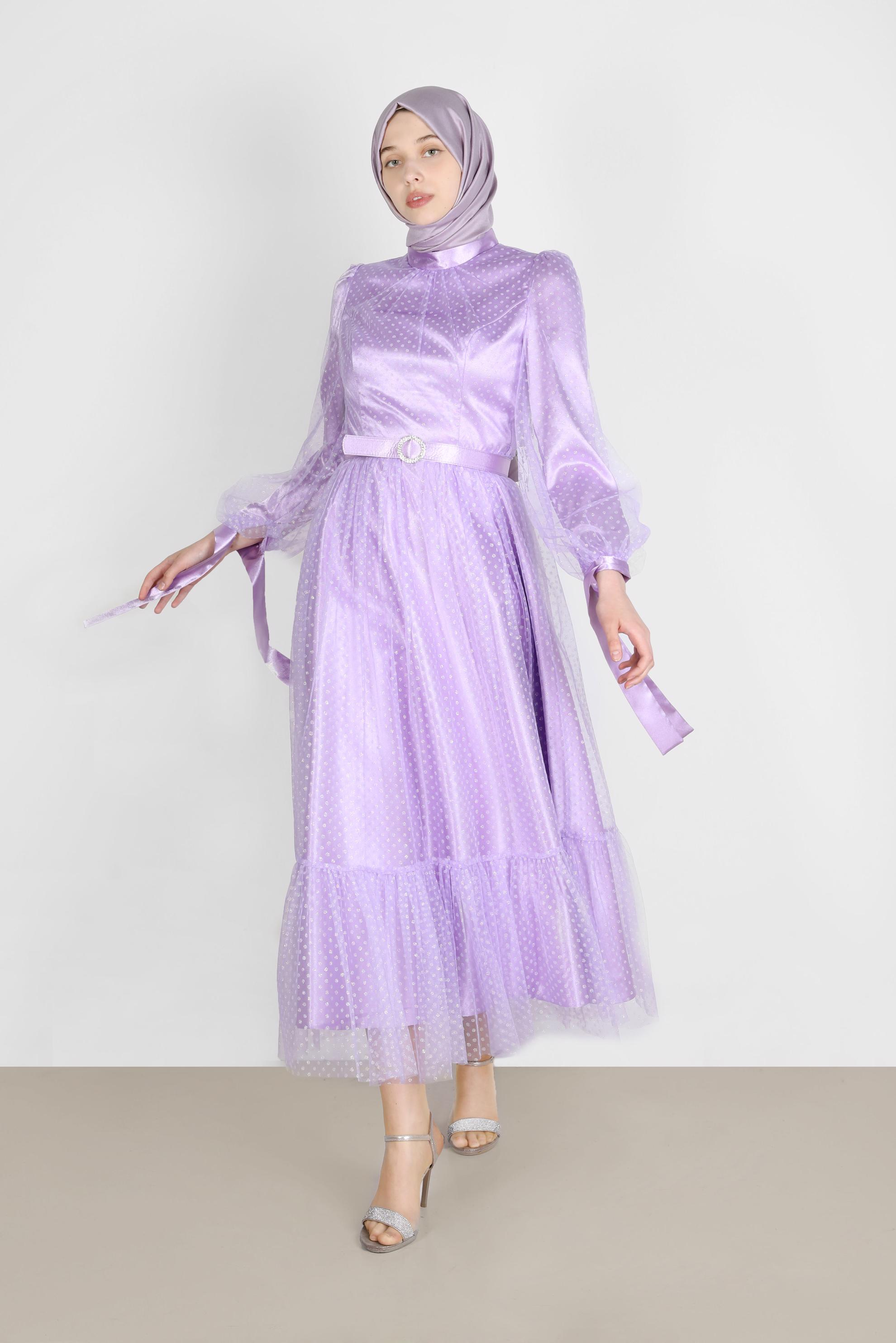 Tesettür giyim MOR PUANTİYELİ PULLU ABİYE ELBİSE 50246 
