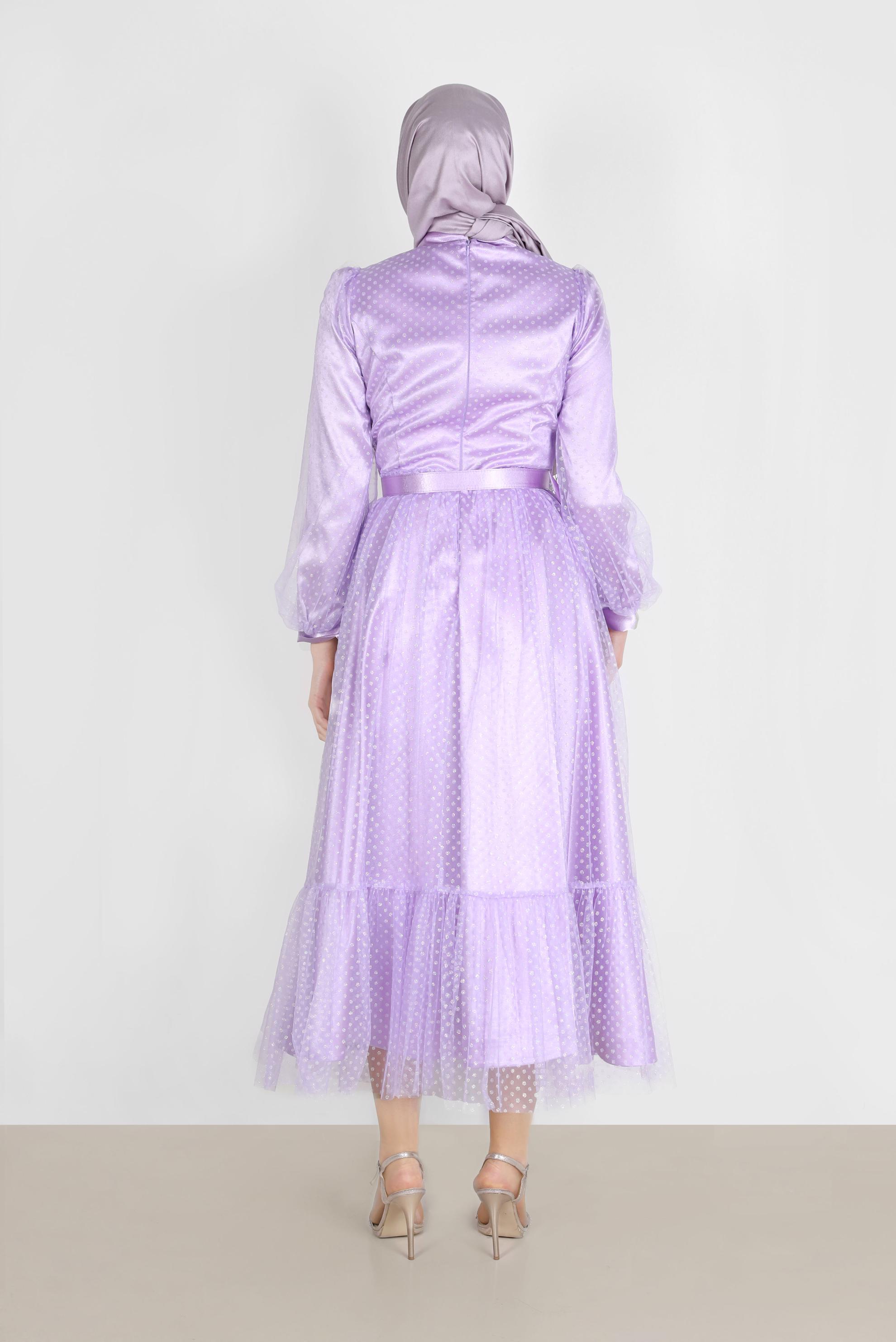 Tesettür giyim MOR PUANTİYELİ PULLU ABİYE ELBİSE 50246 
