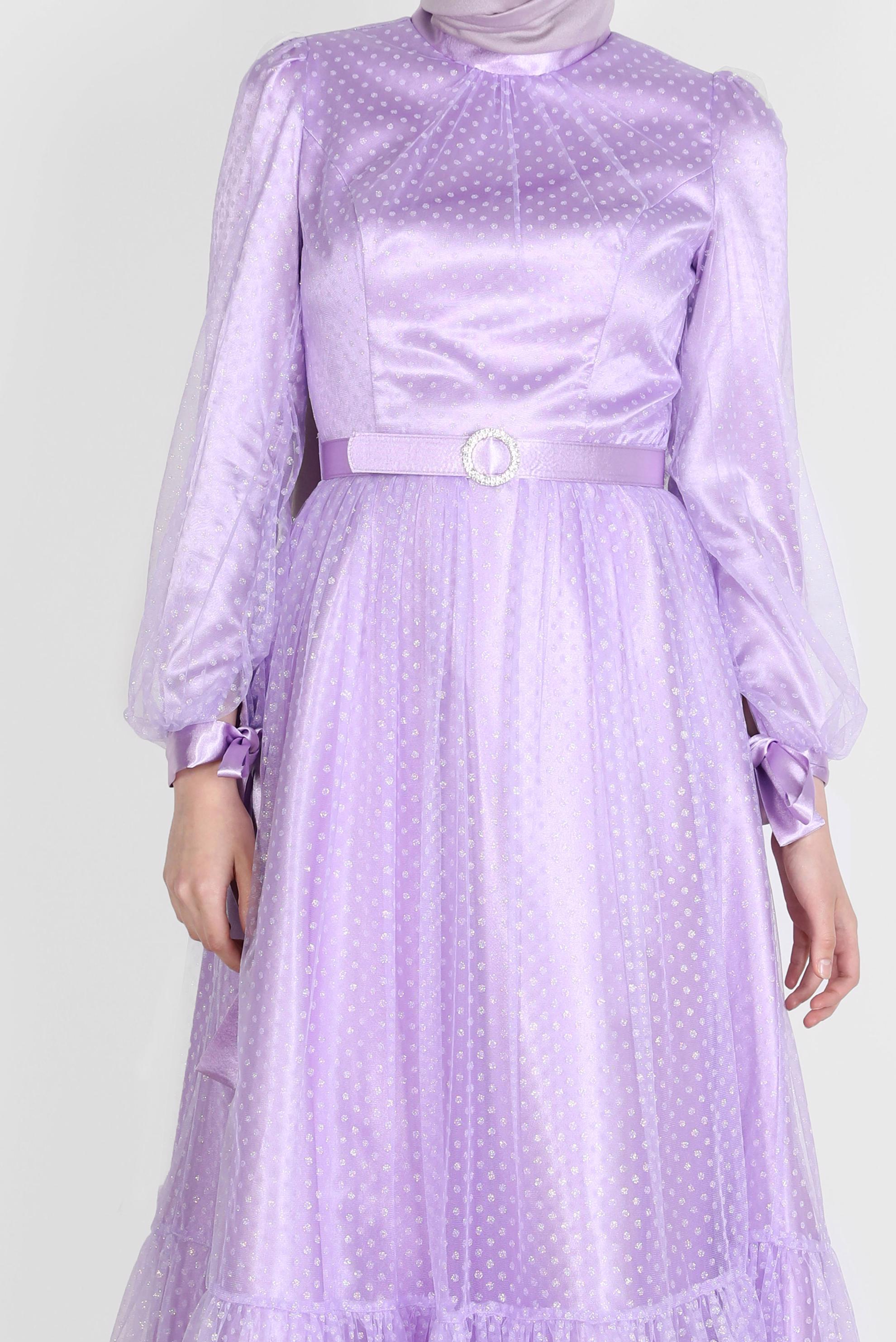 Tesettür giyim MOR PUANTİYELİ PULLU ABİYE ELBİSE 50246 