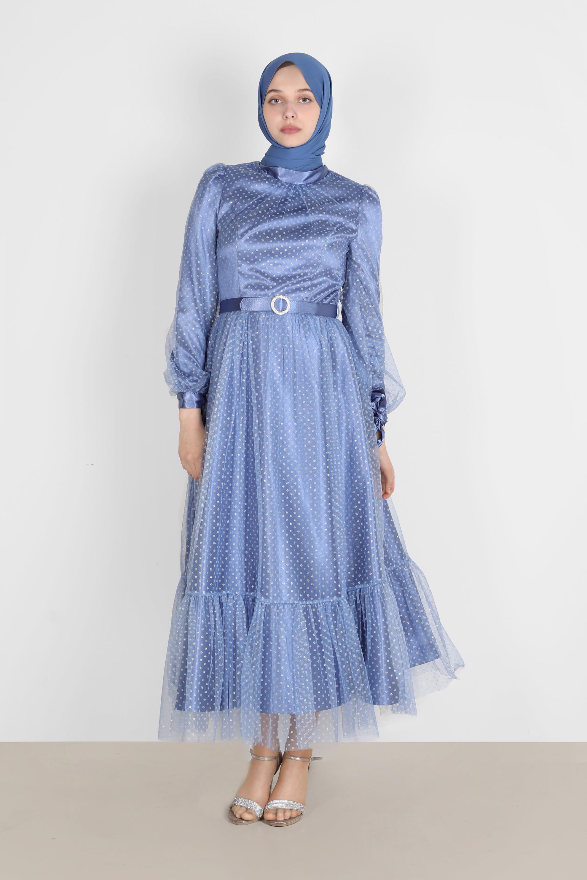 Tesettür giyim LACİVERT PUANTİYELİ PULLU ABİYE ELBİSE 50246 