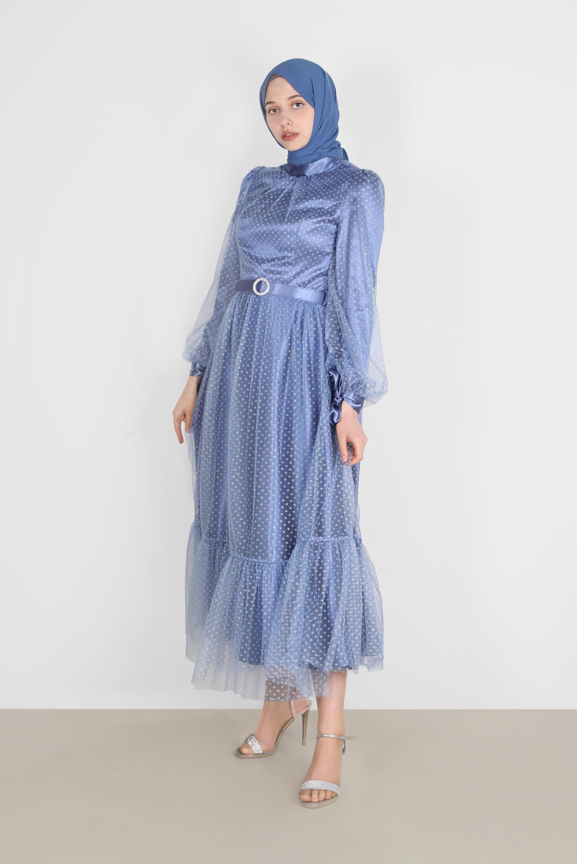 Tesettür giyim LACİVERT PUANTİYELİ PULLU ABİYE ELBİSE 50246 