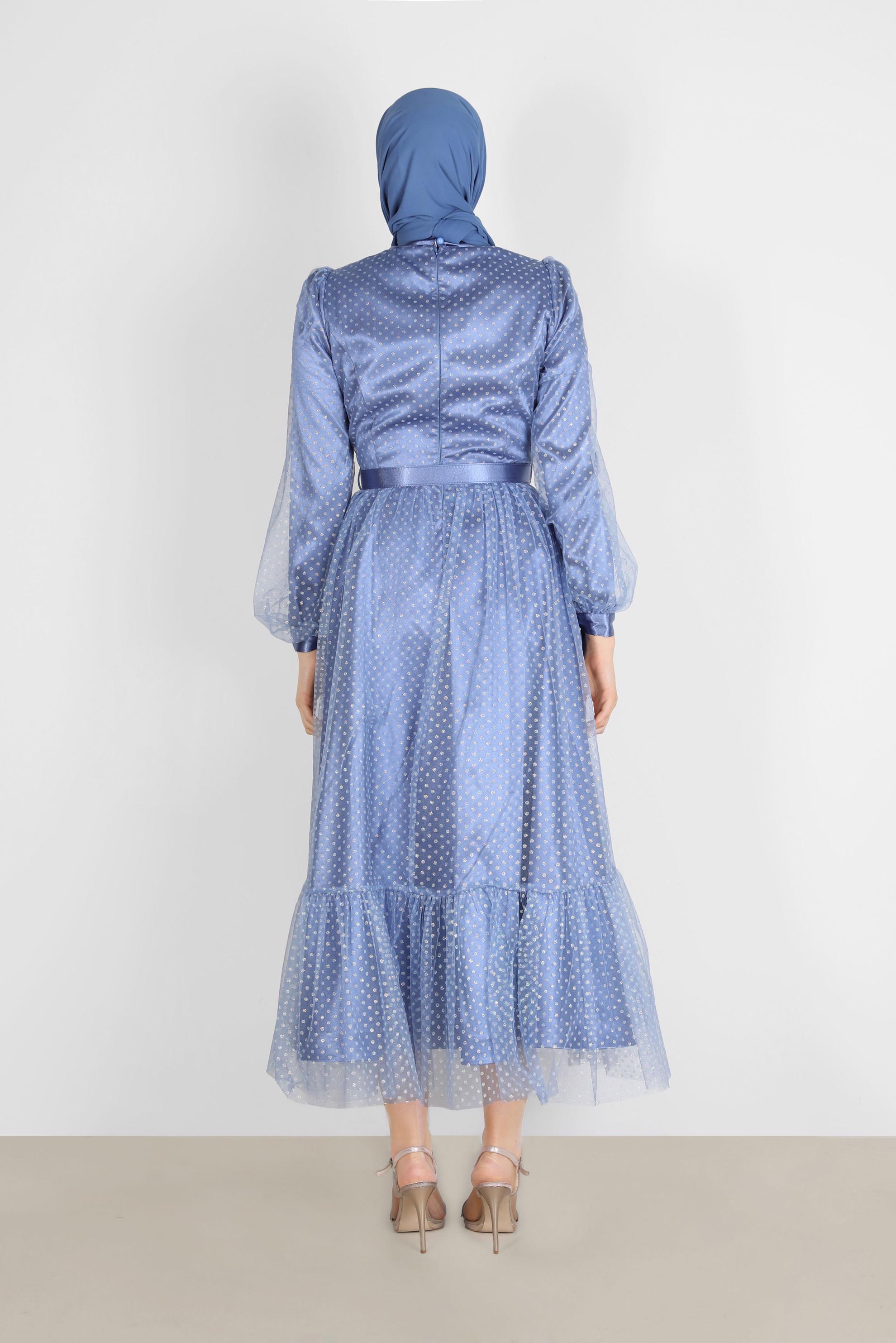 Tesettür giyim LACİVERT PUANTİYELİ PULLU ABİYE ELBİSE 50246 