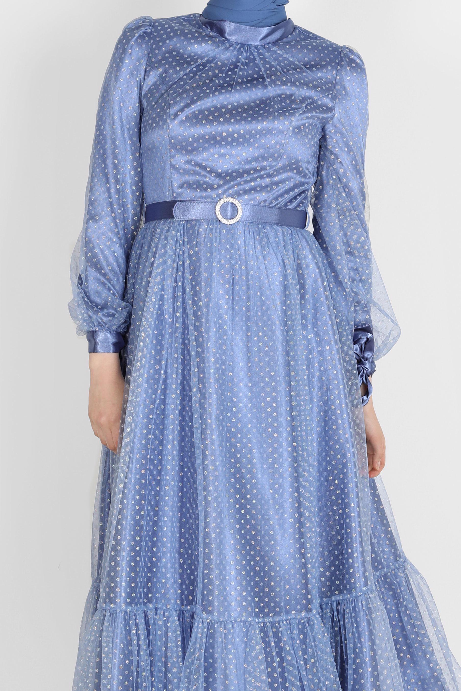 Tesettür giyim LACİVERT PUANTİYELİ PULLU ABİYE ELBİSE 50246 