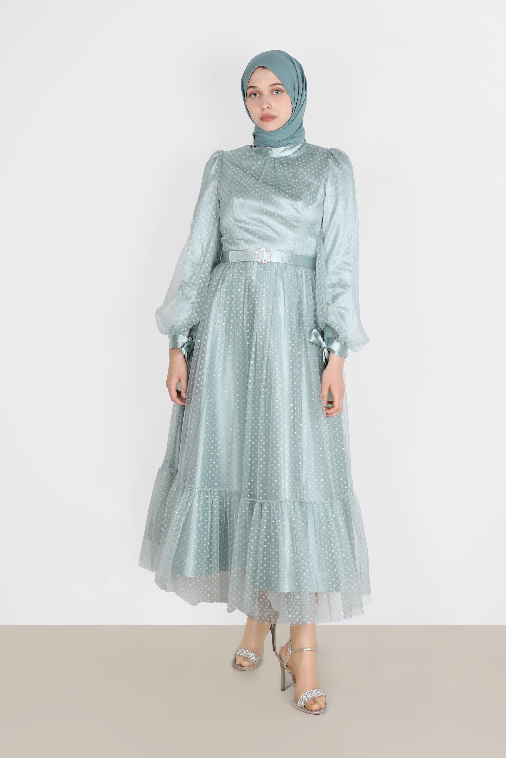 Tesettür giyim YEŞİL PUANTİYELİ PULLU ABİYE ELBİSE 50246 