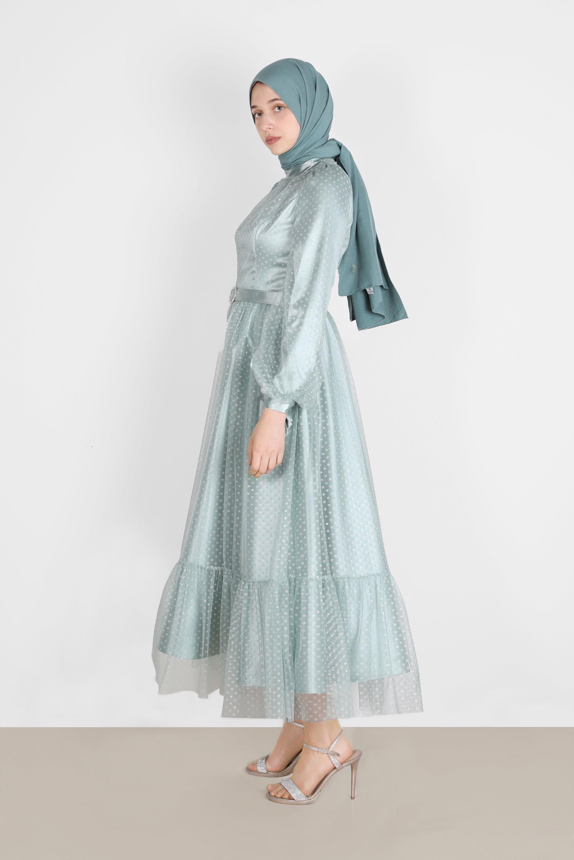 Tesettür giyim YEŞİL PUANTİYELİ PULLU ABİYE ELBİSE 50246 