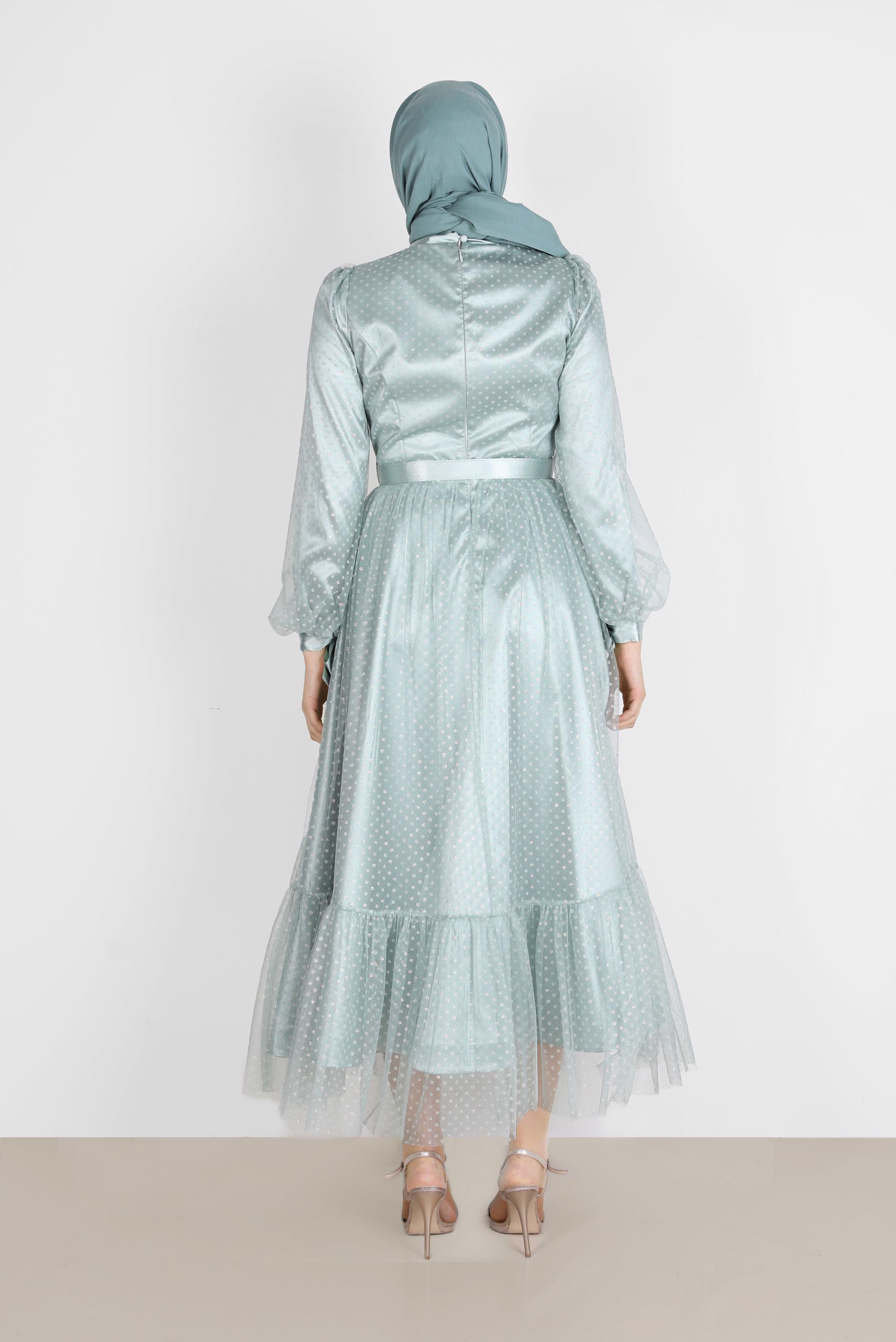 Tesettür giyim YEŞİL PUANTİYELİ PULLU ABİYE ELBİSE 50246 