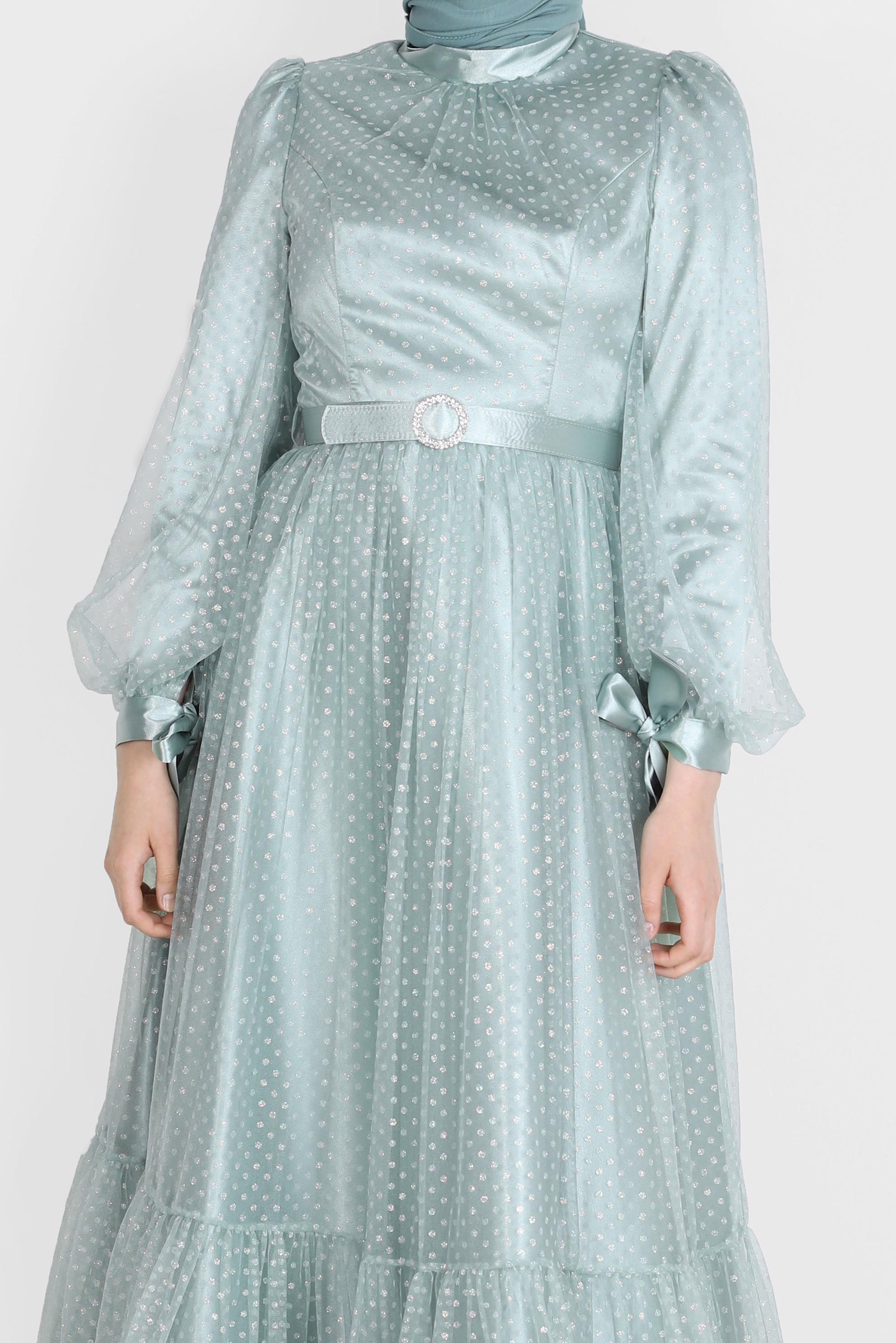 Tesettür giyim YEŞİL PUANTİYELİ PULLU ABİYE ELBİSE 50246 