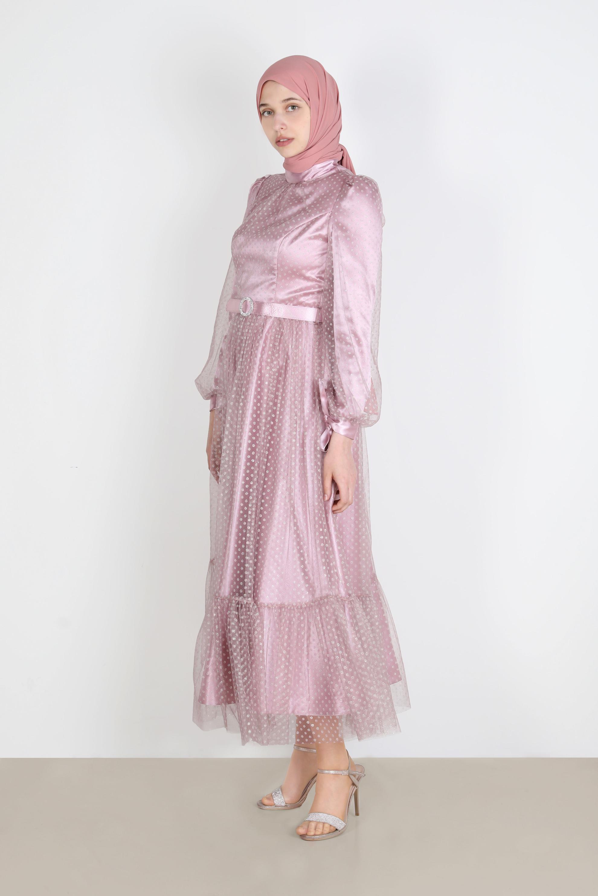 Tesettür giyim MOR PUANTİYELİ PULLU ABİYE ELBİSE 50246 