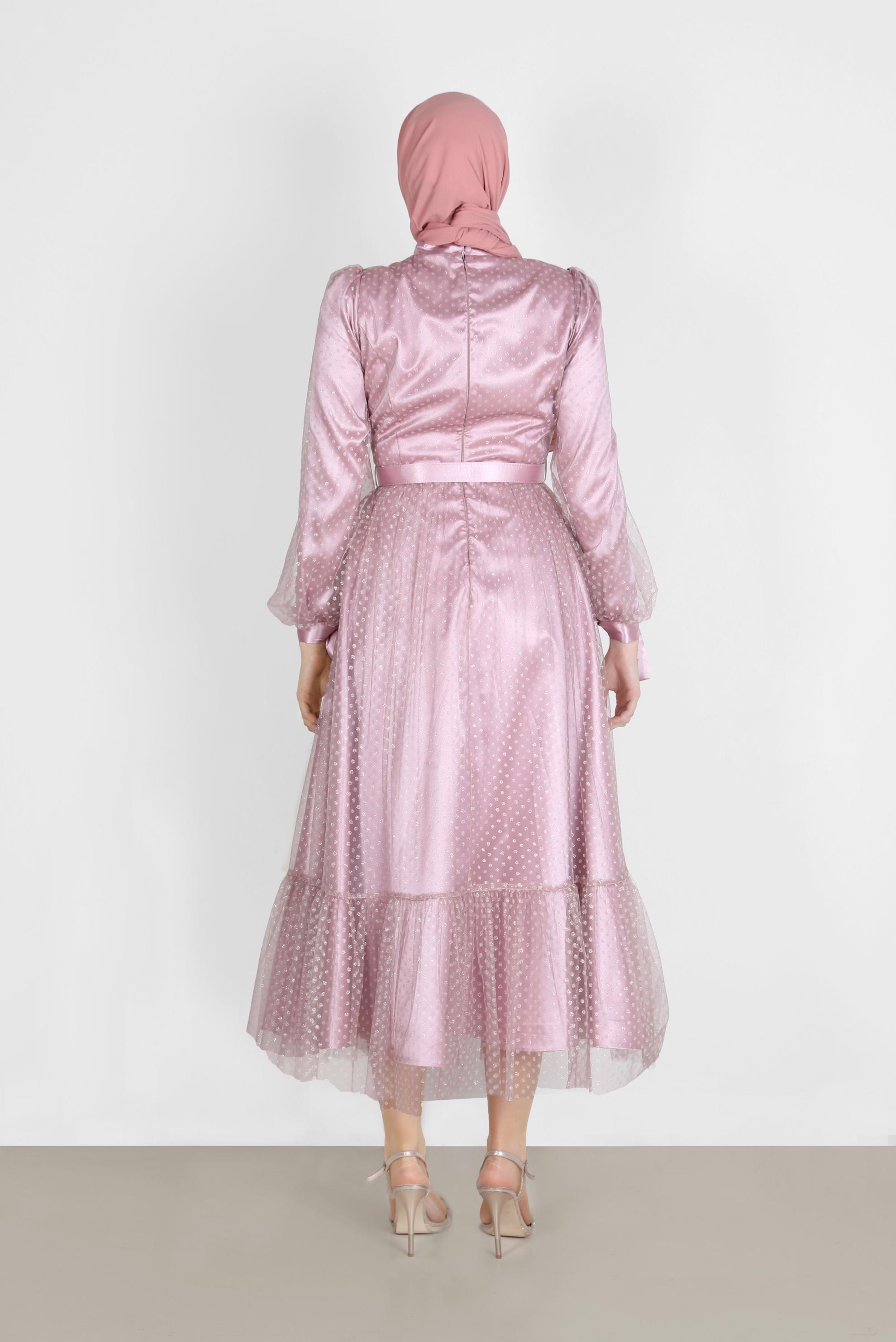 Tesettür giyim MOR PUANTİYELİ PULLU ABİYE ELBİSE 50246 