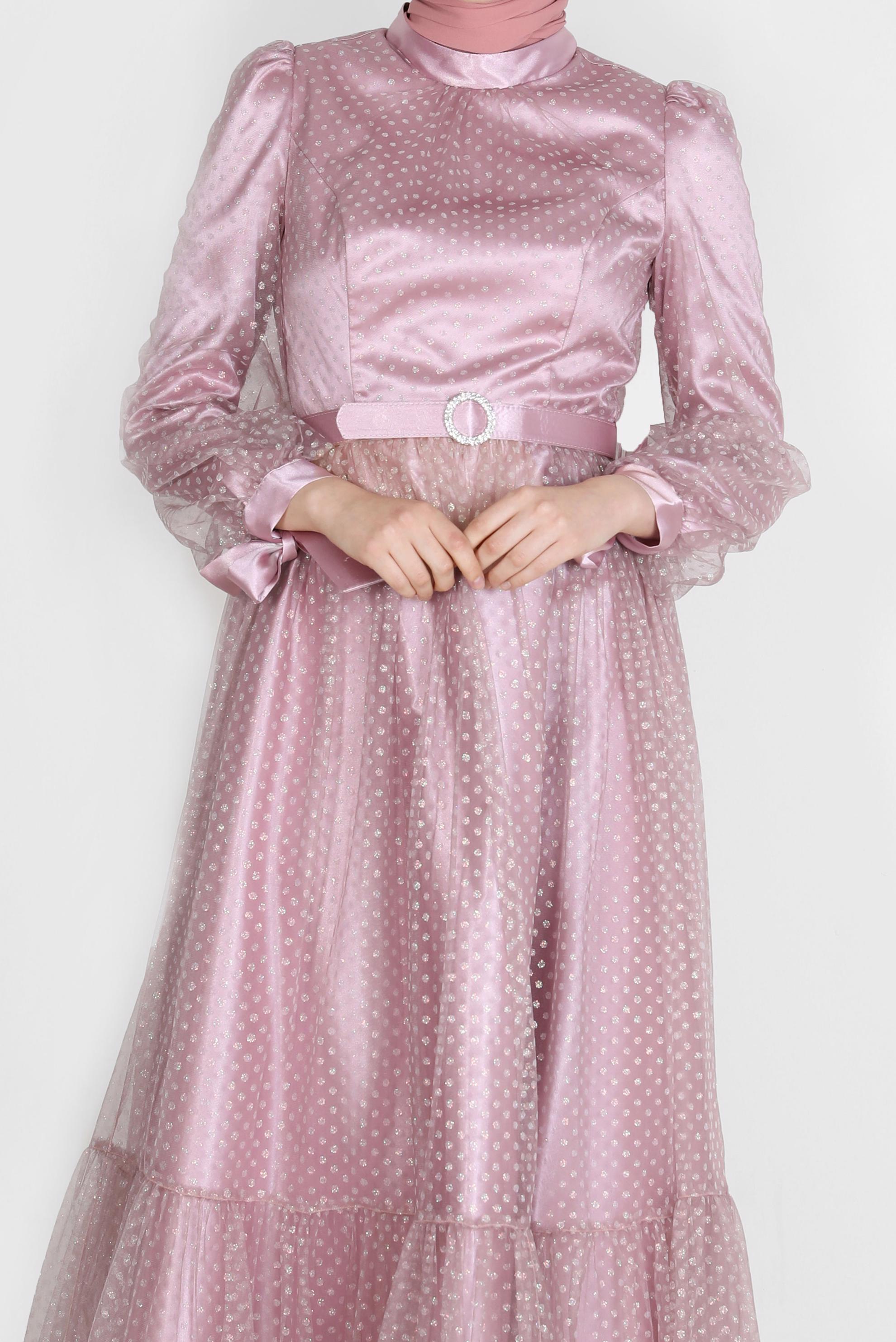 Tesettür giyim MOR PUANTİYELİ PULLU ABİYE ELBİSE 50246 