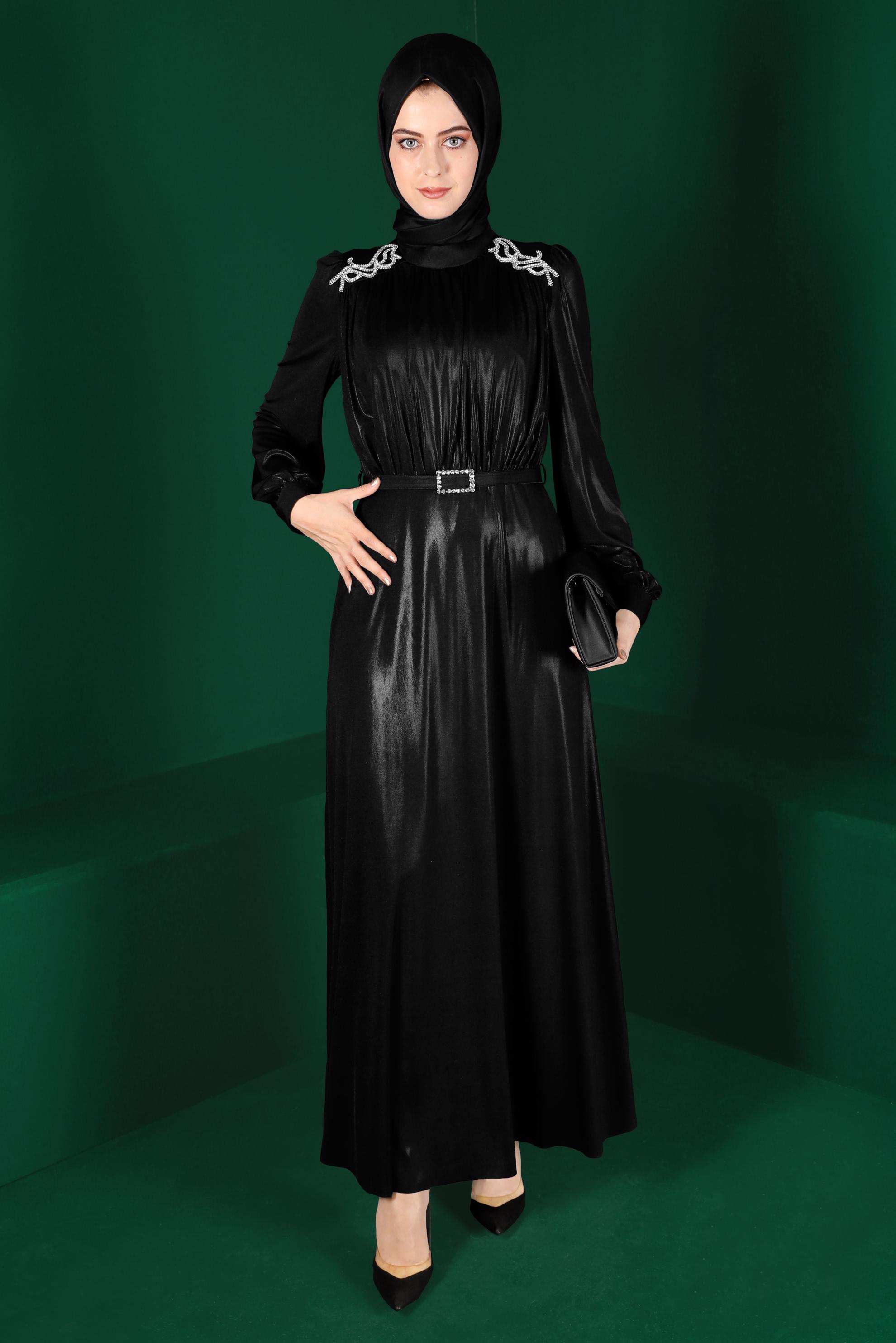 Tesettür giyim SİYAH KEMERLİ PARLAK ABİYE ELBİSE 50247 