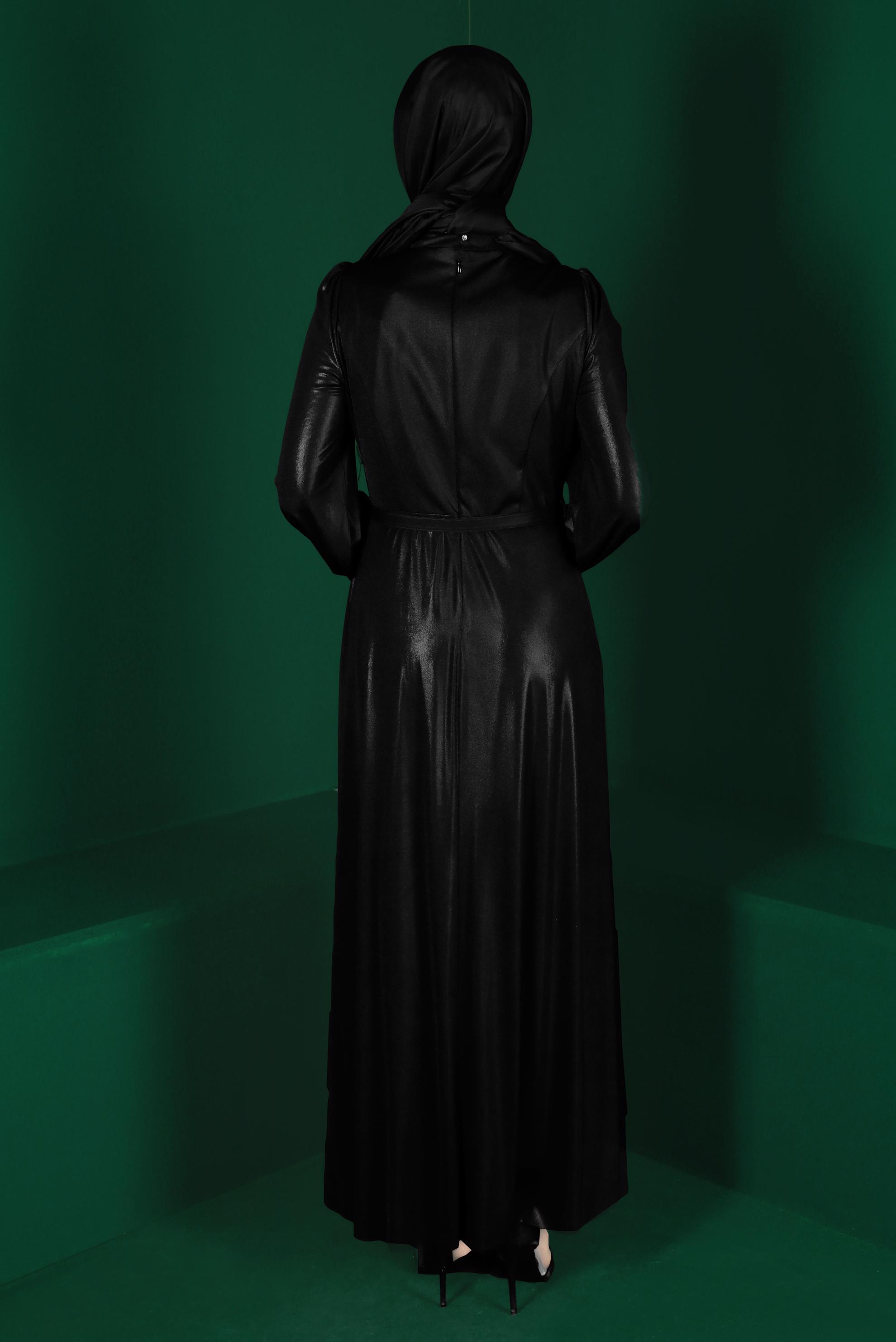 Tesettür giyim SİYAH KEMERLİ PARLAK ABİYE ELBİSE 50247 