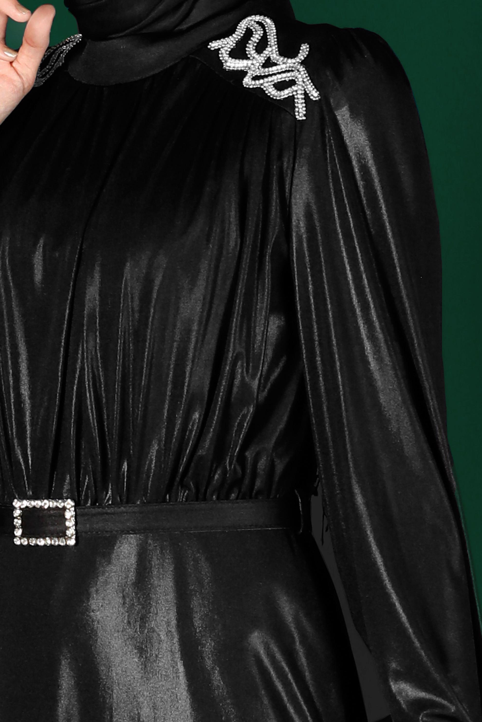 Tesettür giyim SİYAH KEMERLİ PARLAK ABİYE ELBİSE 50247 