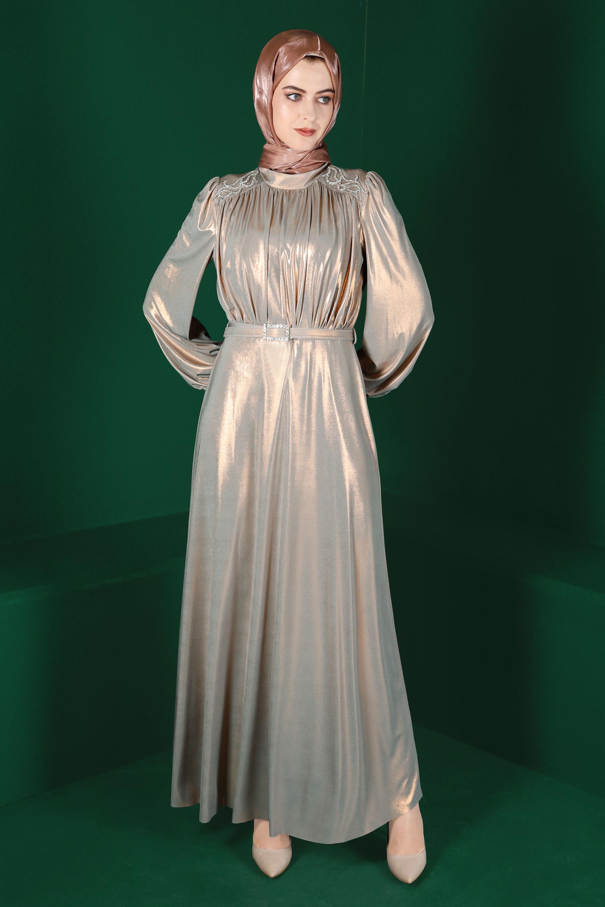 Tesettür giyim ALTIN KEMERLİ PARLAK ABİYE ELBİSE 50247 