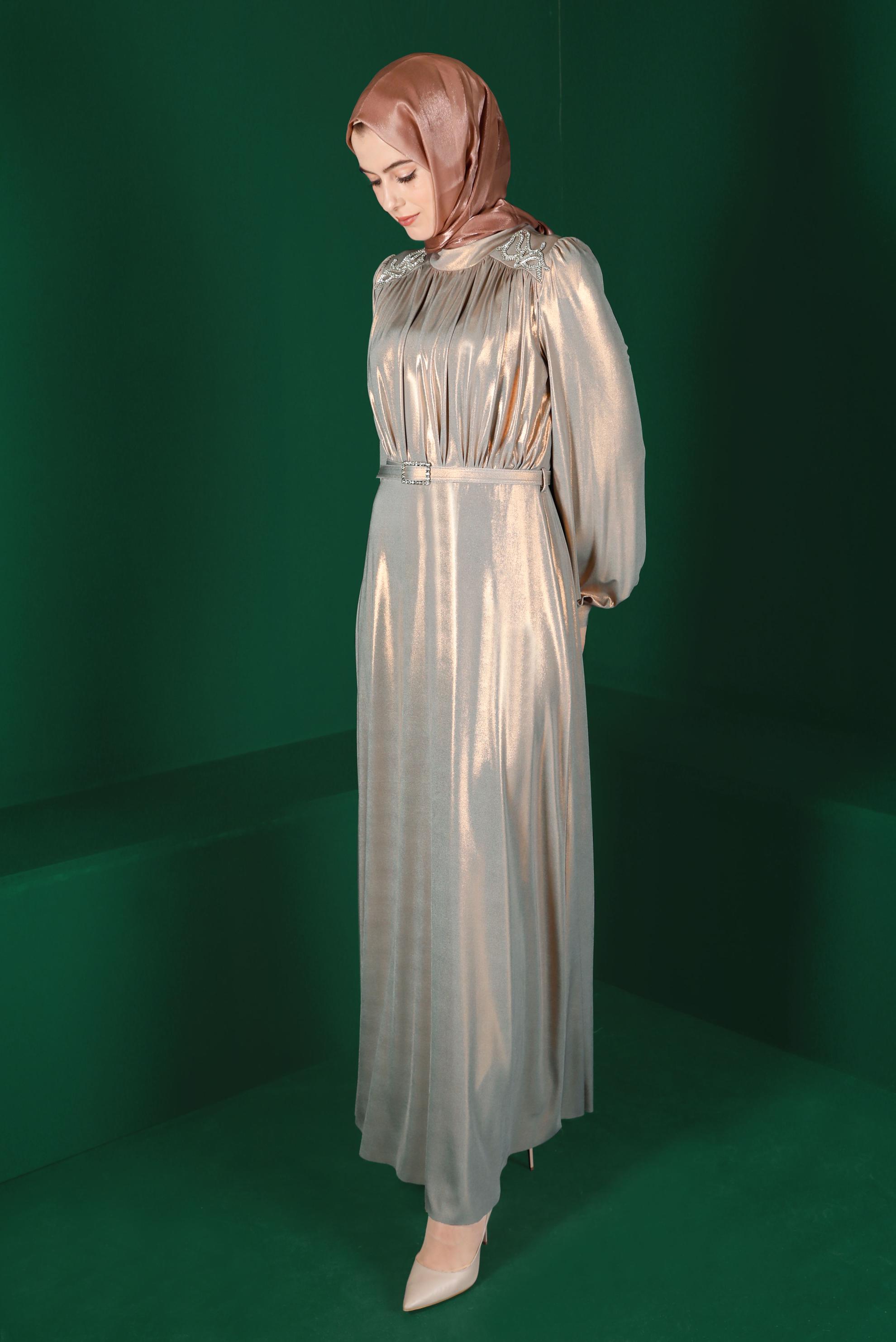 Tesettür giyim ALTIN KEMERLİ PARLAK ABİYE ELBİSE 50247 